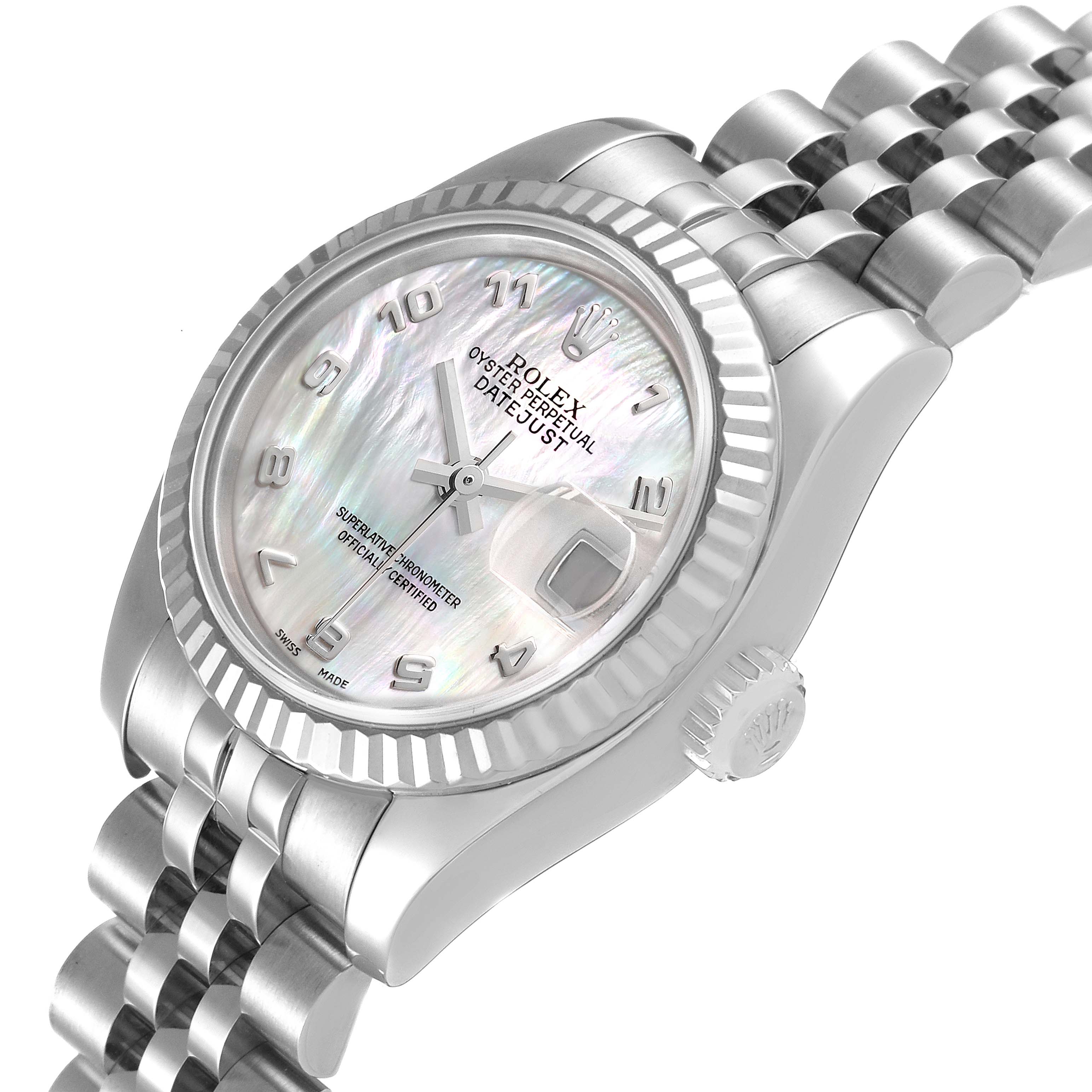 The image shows a three-quarter view of the Rolex Datejust 179174 Women's Stainless Steel Mother of Pearl Dial 179174 Women's Stainless Steel Mother of Pearl Dial watch, highlighting the face, bezel, and part of the bracelet.
