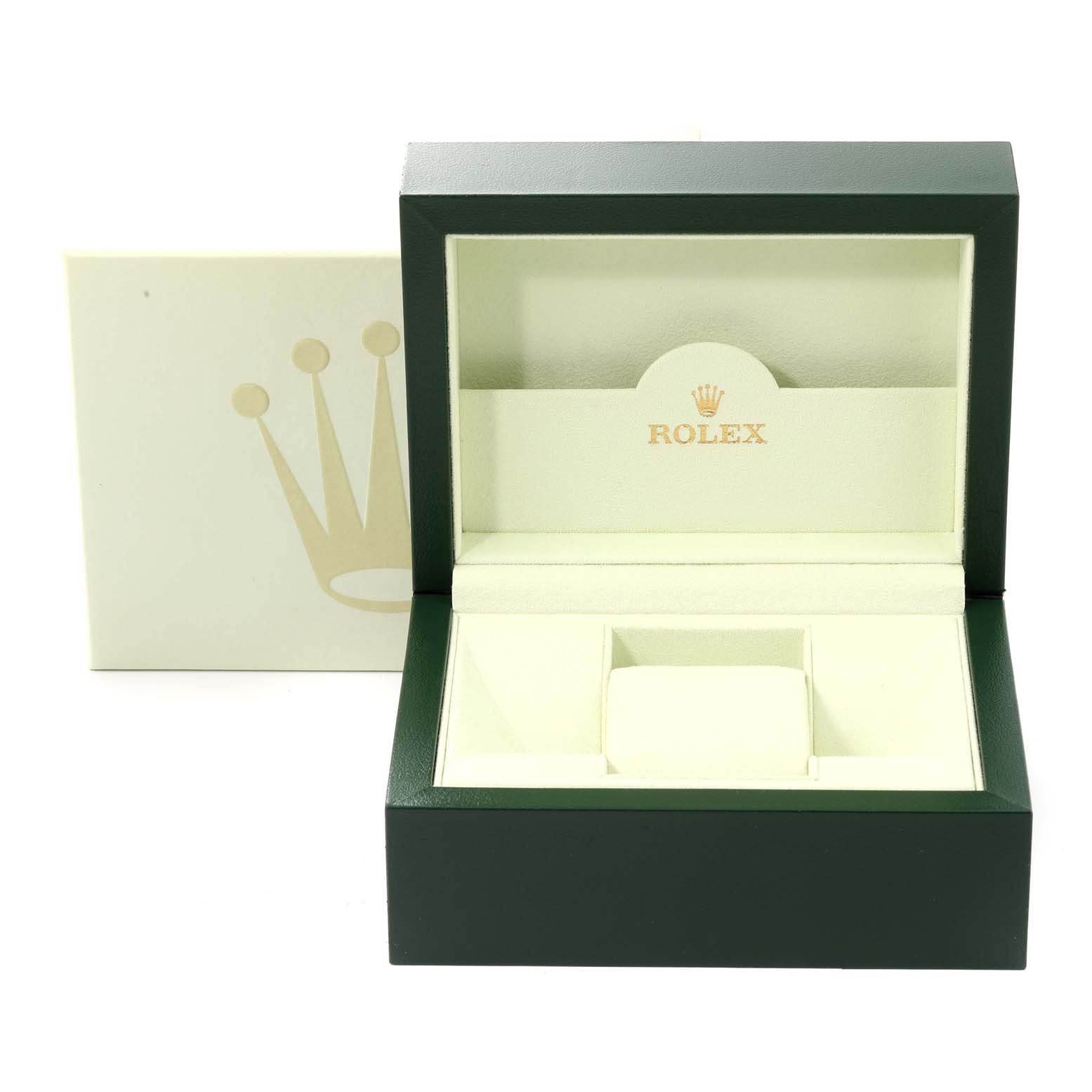 The image shows an empty Rolex Datejust 179174 Women's Stainless Steel Mother of Pearl Dial 179174 Women's Stainless Steel Mother of Pearl Dial watch box with a green exterior and beige interior.