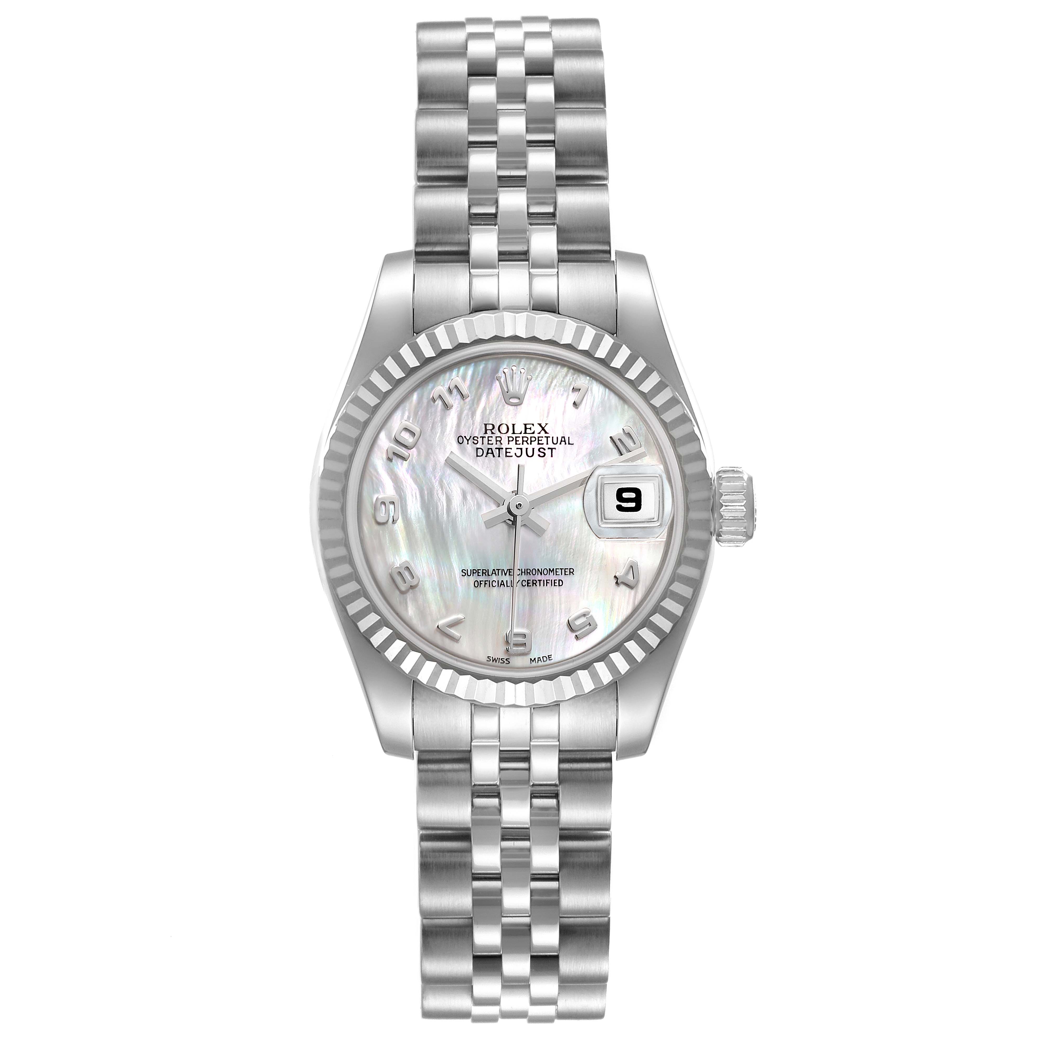 This is a front view of the Rolex Datejust 179174 Women's Stainless Steel Mother of Pearl Dial 179174 Women's Stainless Steel Mother of Pearl Dial watch, showcasing its dial, hands, date window, and bracelet.