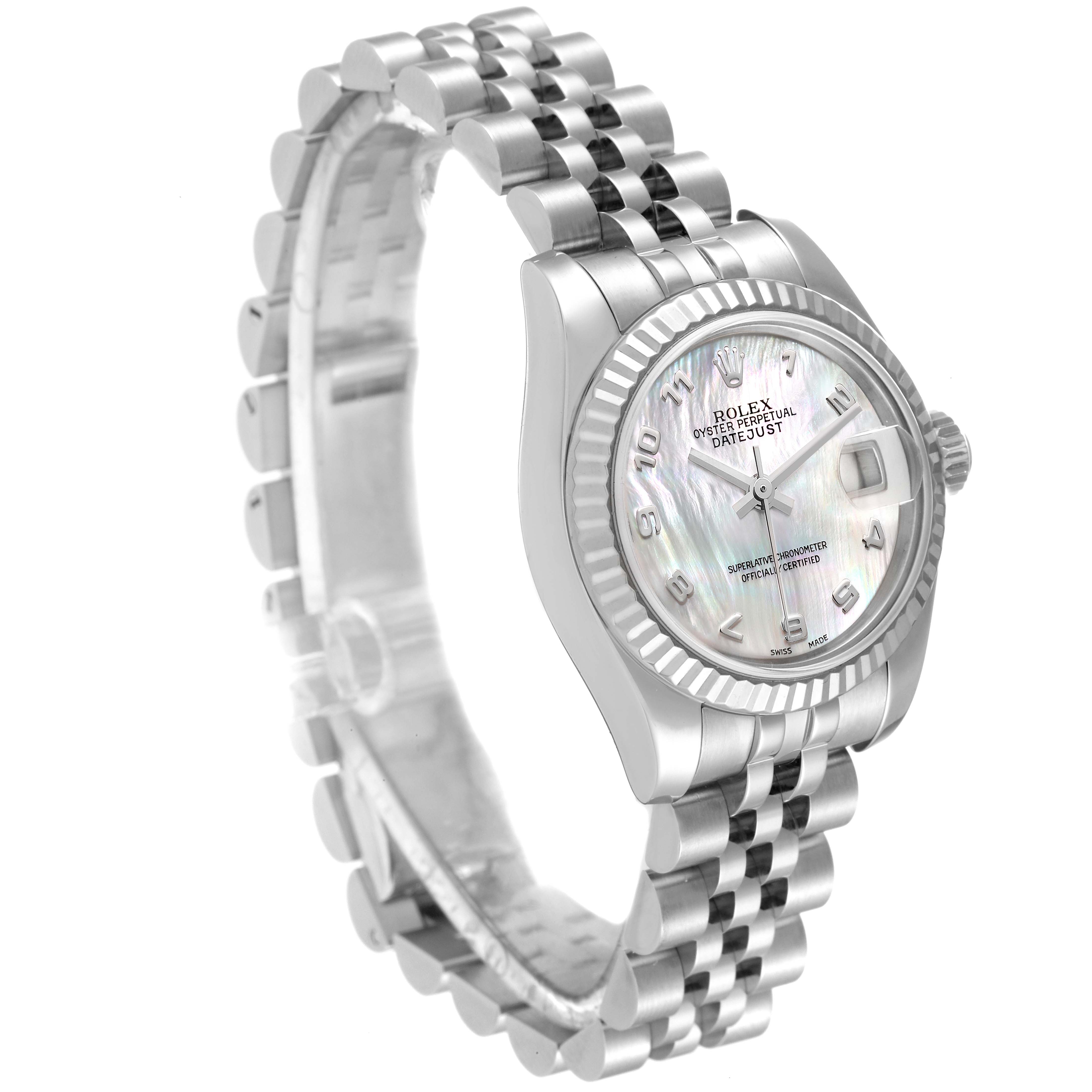 This image shows a Rolex Datejust 179174 Women's Stainless Steel Mother of Pearl Dial 179174 Women's Stainless Steel Mother of Pearl Dial watch at an angled profile, highlighting its dial, bezel, and bracelet.