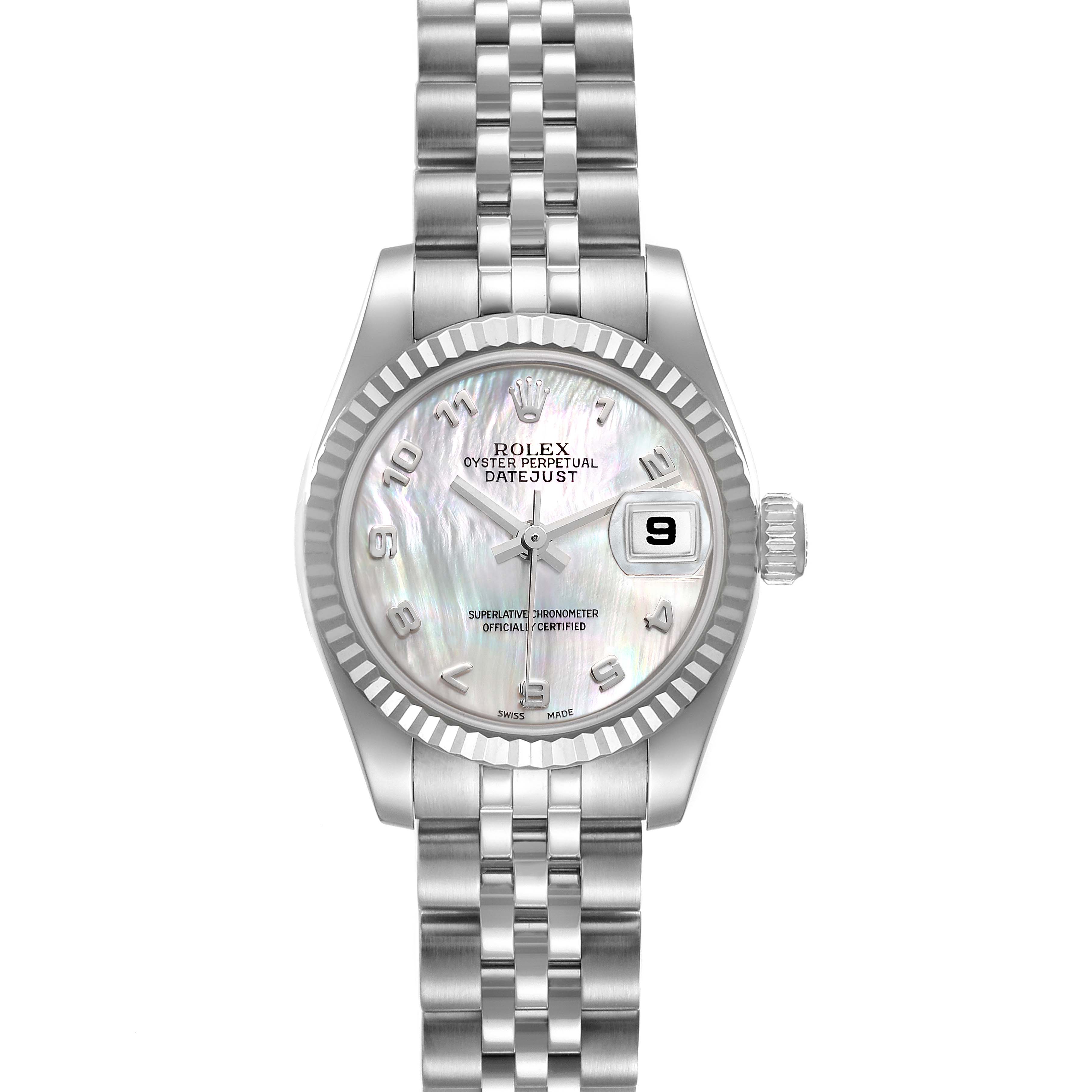 This image shows a front view of the Rolex Datejust 179174 Women's Stainless Steel Mother of Pearl Dial 179174 Women's Stainless Steel Mother of Pearl Dial watch, highlighting the face, bezel, and bracelet.