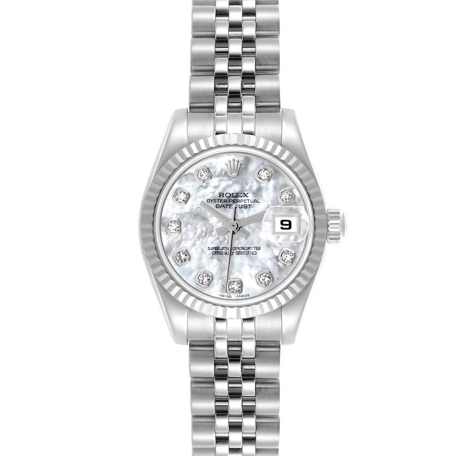 The Rolex Datejust watch is shown from the front, displaying the face, bezel, and part of the bracelet.