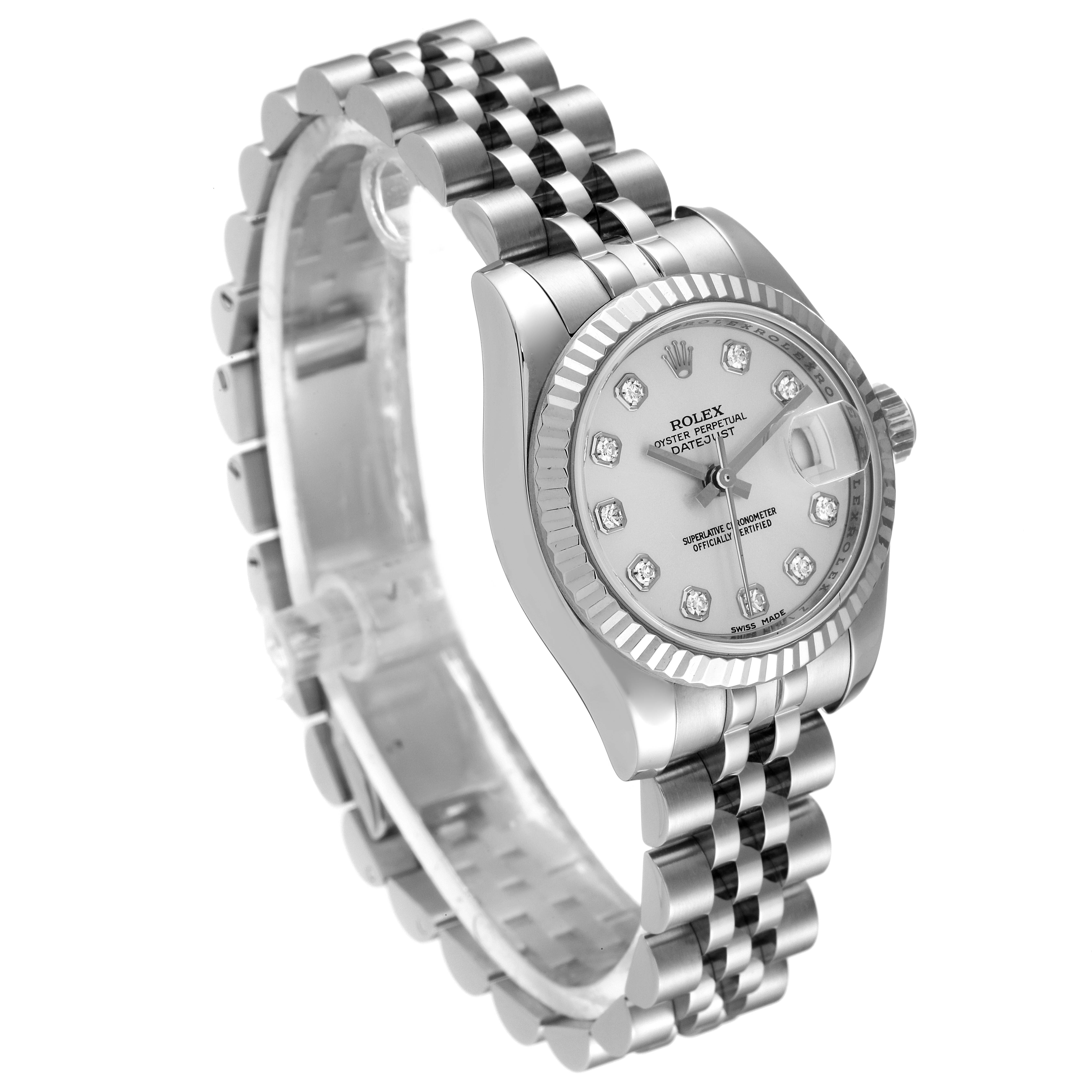 The Rolex Datejust 179174 Women's Stainless Steel Silver Dial 179174 Women's Stainless Steel Silver Dial watch is shown at a three-quarter angle, highlighting the face, bezel, and Jubilee bracelet.
