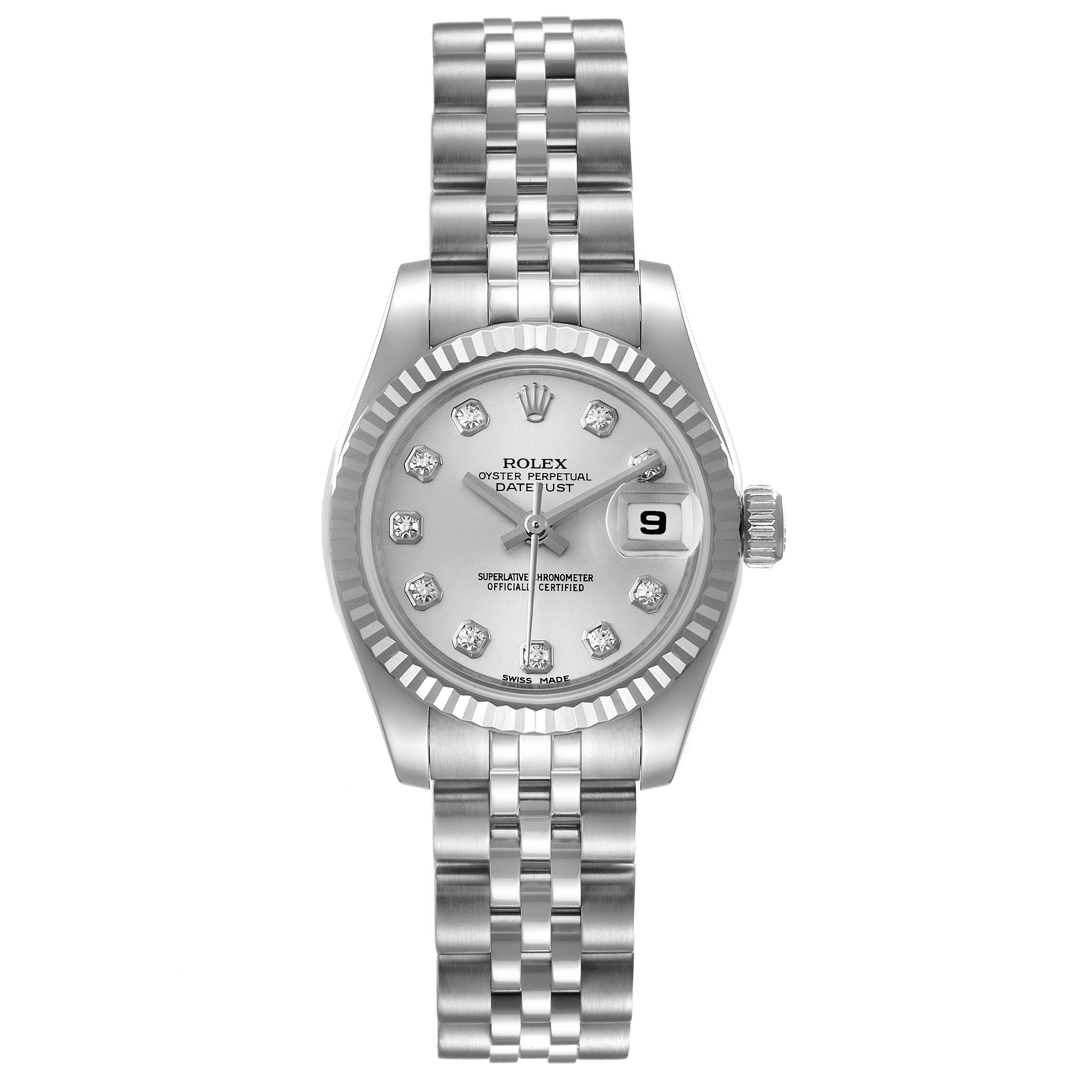 The Rolex Datejust 179174 Women's Stainless Steel Silver Dial 179174 Women's Stainless Steel Silver Dial is shown from a front angle, displaying the dial, bracelet, and fluted bezel.