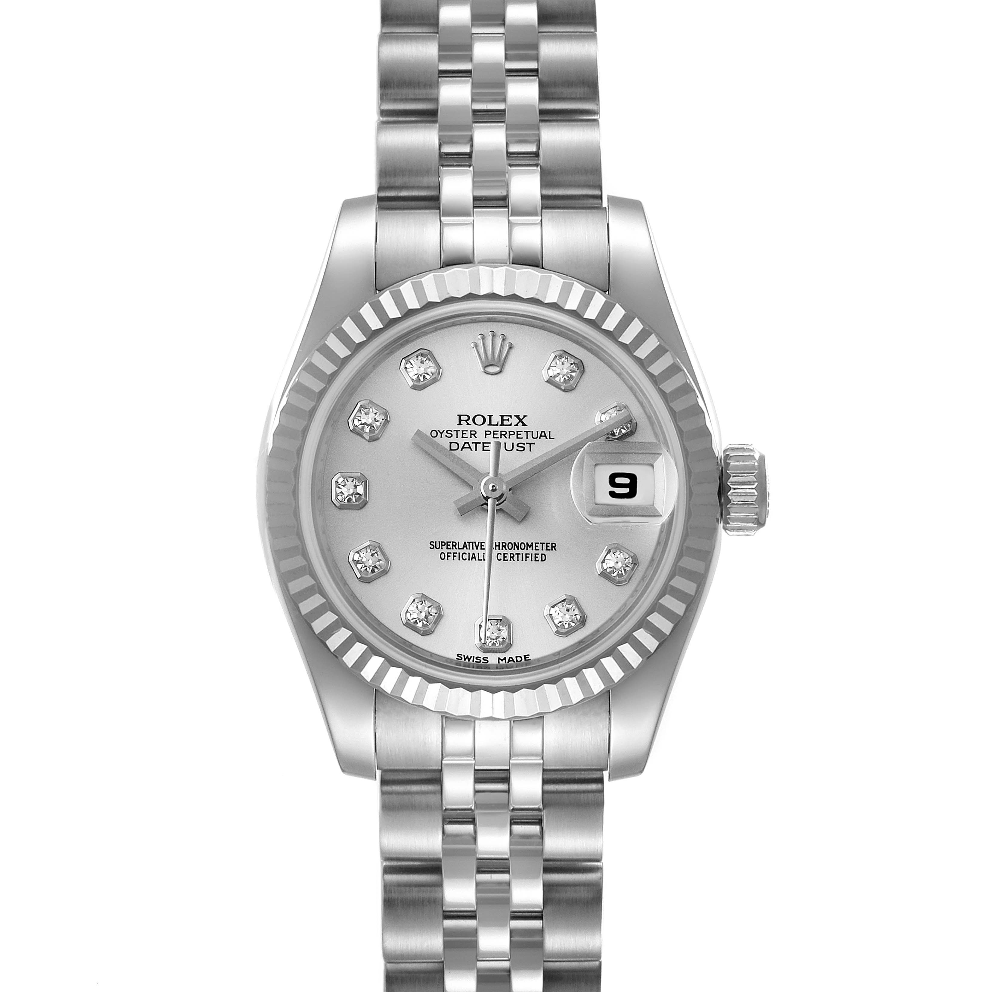 The Rolex Datejust 179174 Women's Stainless Steel Silver Dial 179174 Women's Stainless Steel Silver Dial watch is shown from a top-down angle, highlighting the dial, bezel, crown, and bracelet.