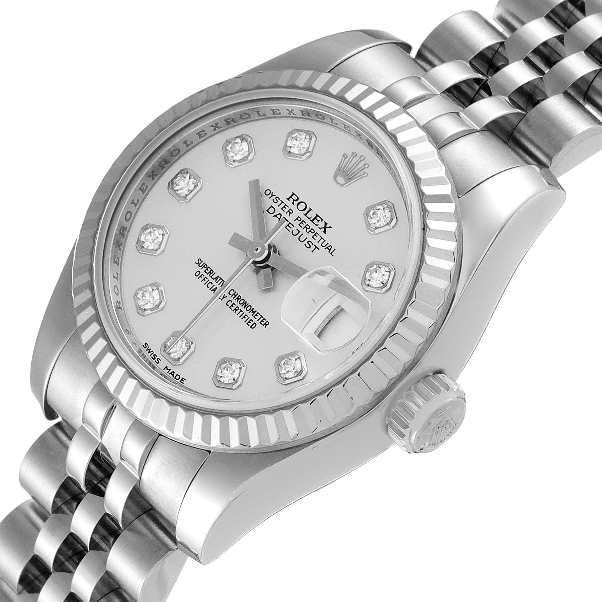 The Rolex Datejust 179174 Women's Stainless Steel Silver Dial 179174 Women's Stainless Steel Silver Dial watch is shown from a high angle, highlighting the dial, bezel, crown, and jubilee bracelet.