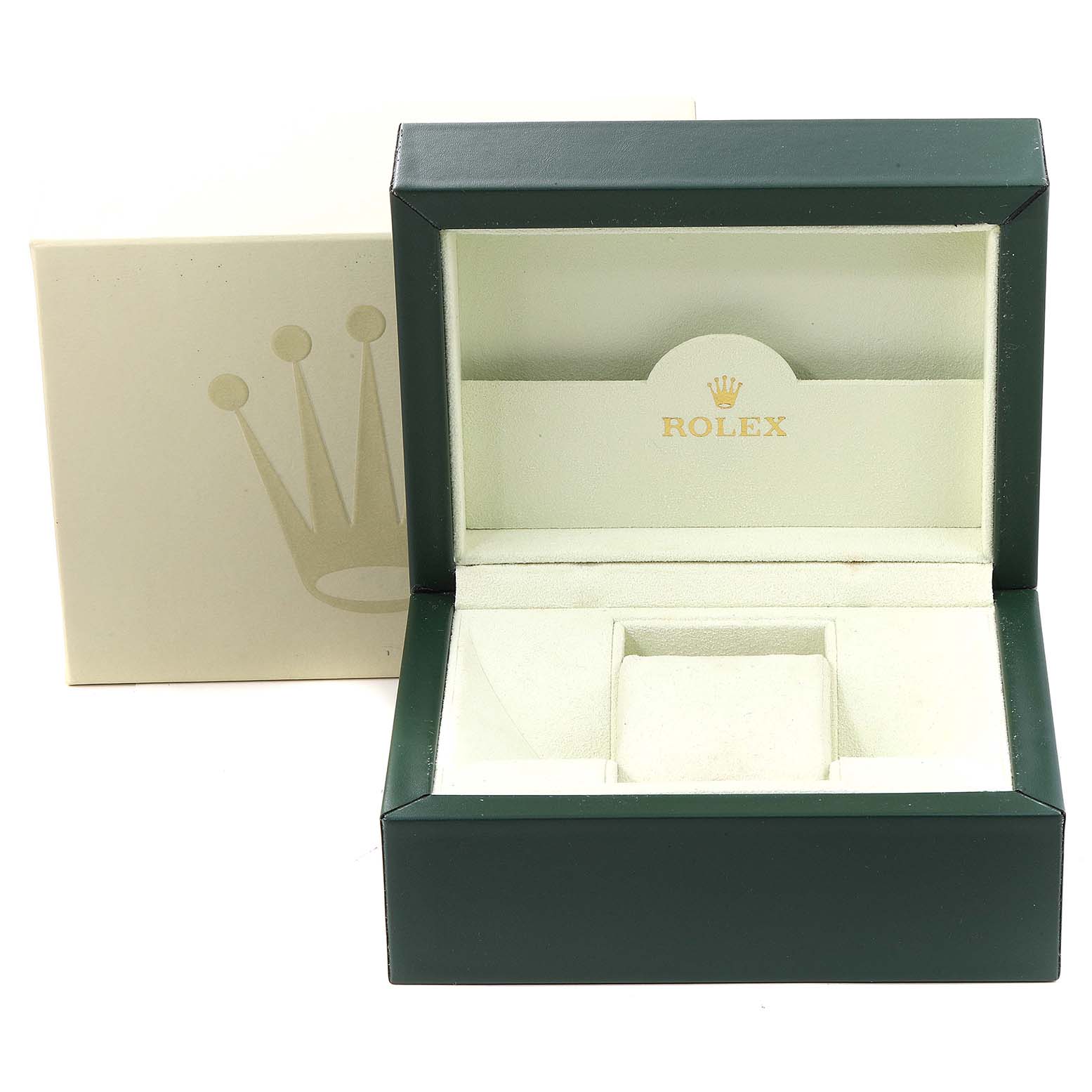 The image shows an open green Rolex Datejust 179174 Women's Stainless Steel Silver Dial 179174 Women's Stainless Steel Silver Dial watch box with an outer cardboard box in the background.
