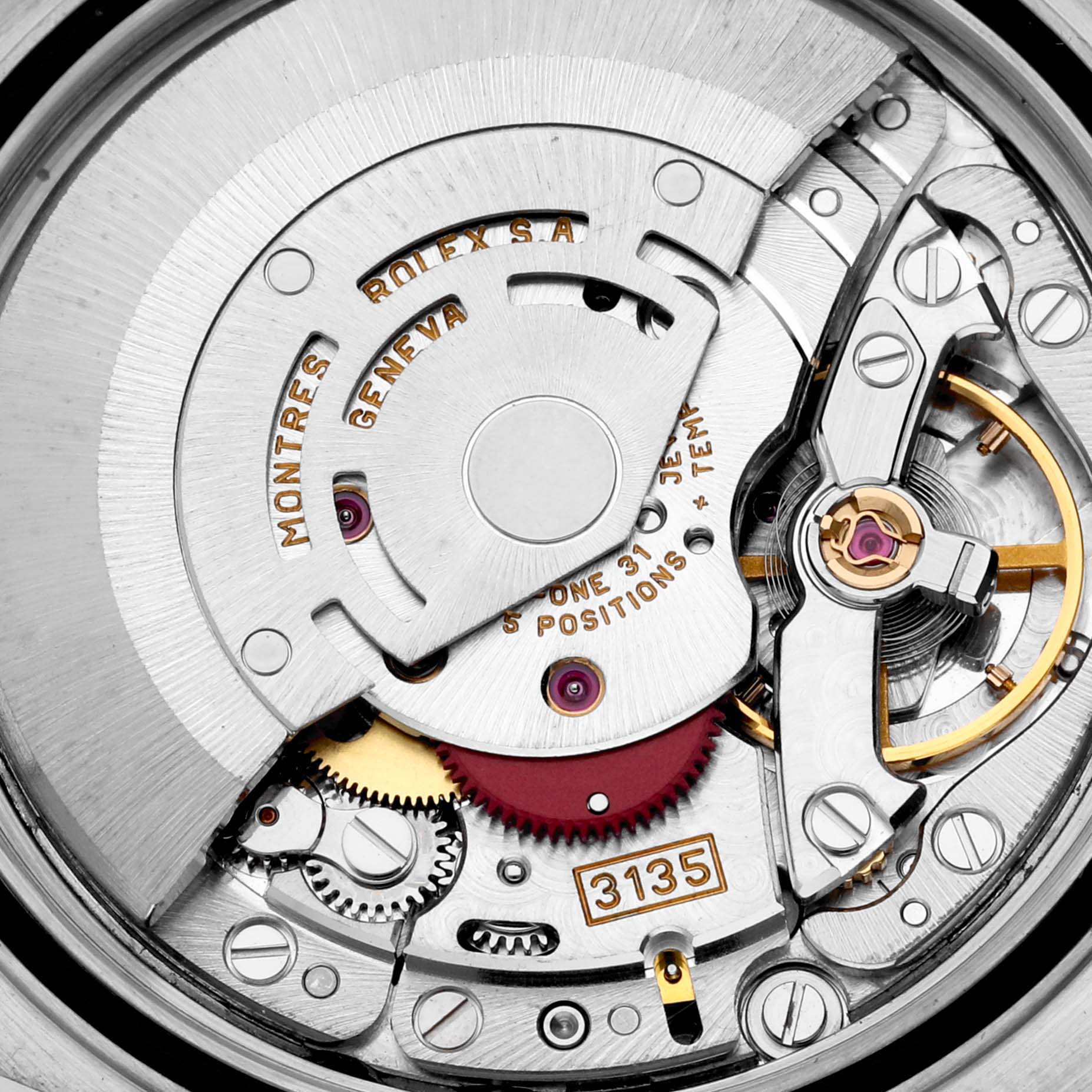 The image shows the movement mechanism of a Rolex Datejust 16233 Men's Steel and Gold (two tone) Black Dial 16233 Men's Steel and Gold (two tone) Black Dial watch, highlighting intricate components from a close-up angle.