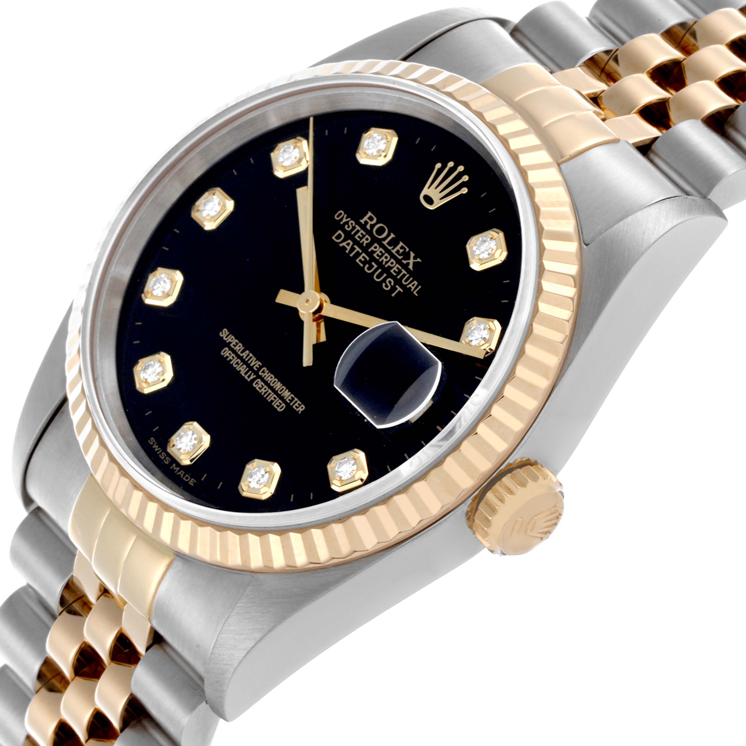 The Rolex Datejust 16233 Men's Steel and Gold (two tone) Black Dial 16233 Men's Steel and Gold (two tone) Black Dial is shown in a three-quarter angle, highlighting the bezel, crown, dial, and bracelet.