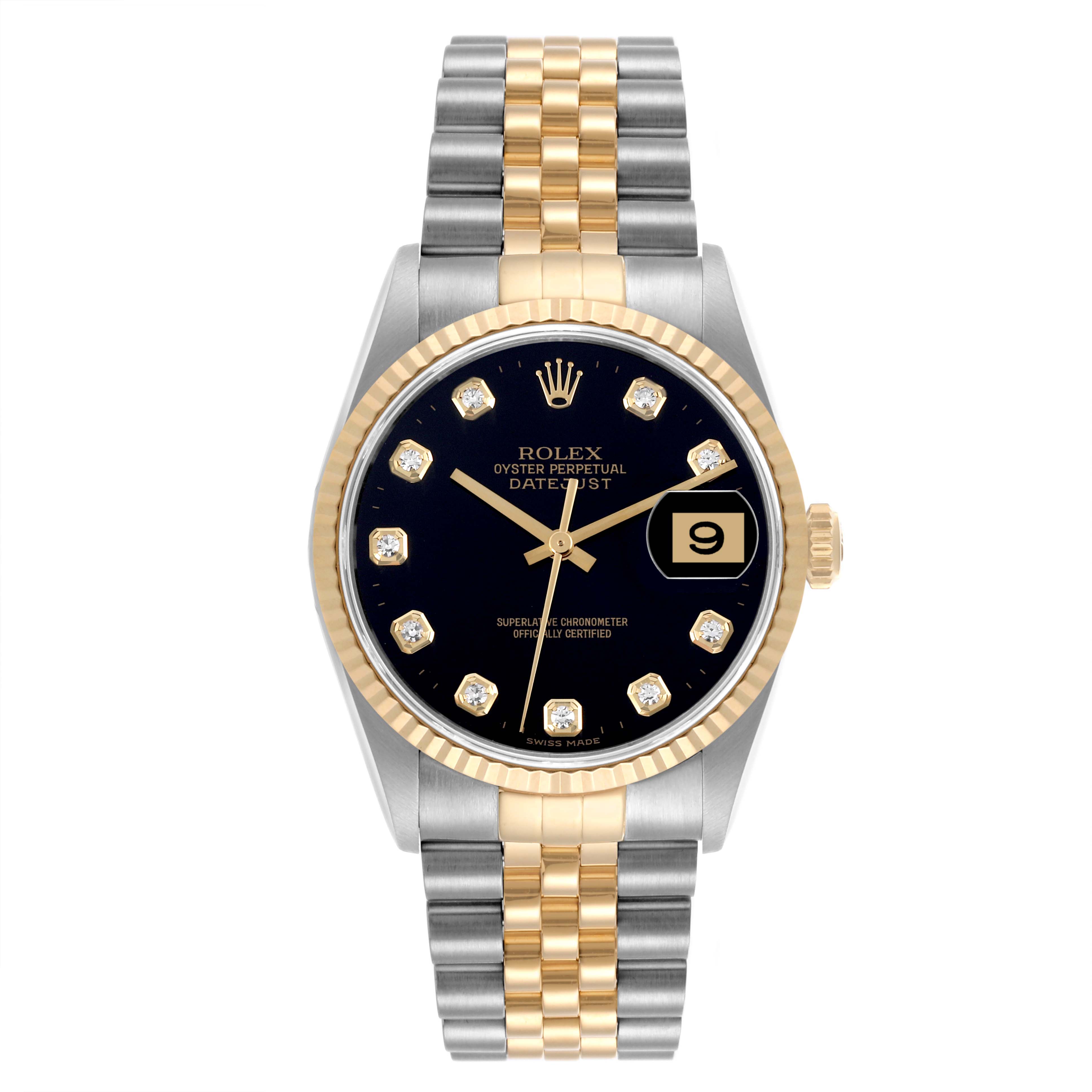 The Rolex Datejust 16233 Men's Steel and Gold (two tone) Black Dial 16233 Men's Steel and Gold (two tone) Black Dial is shown from a front angle, featuring the face, bracelet, and bezel.
