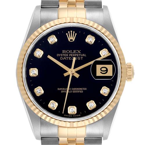 The Rolex Datejust watch is shown from a front view, displaying the dial, bezel, crown, and part of the bracelet.