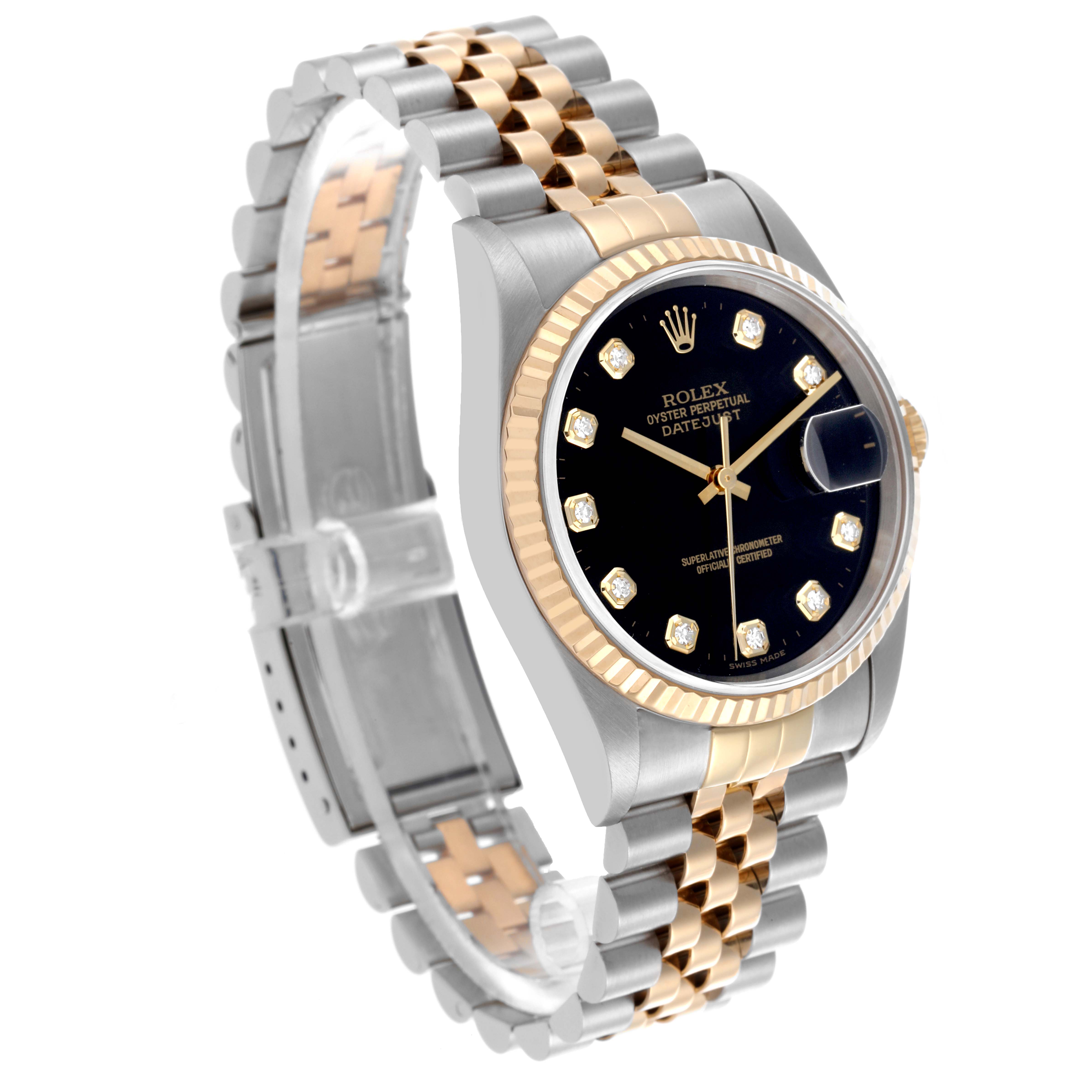 The Rolex Datejust 16233 Men's Steel and Gold (two tone) Black Dial 16233 Men's Steel and Gold (two tone) Black Dial watch is shown at an angle highlighting the dial, fluted bezel, and two-tone bracelet.