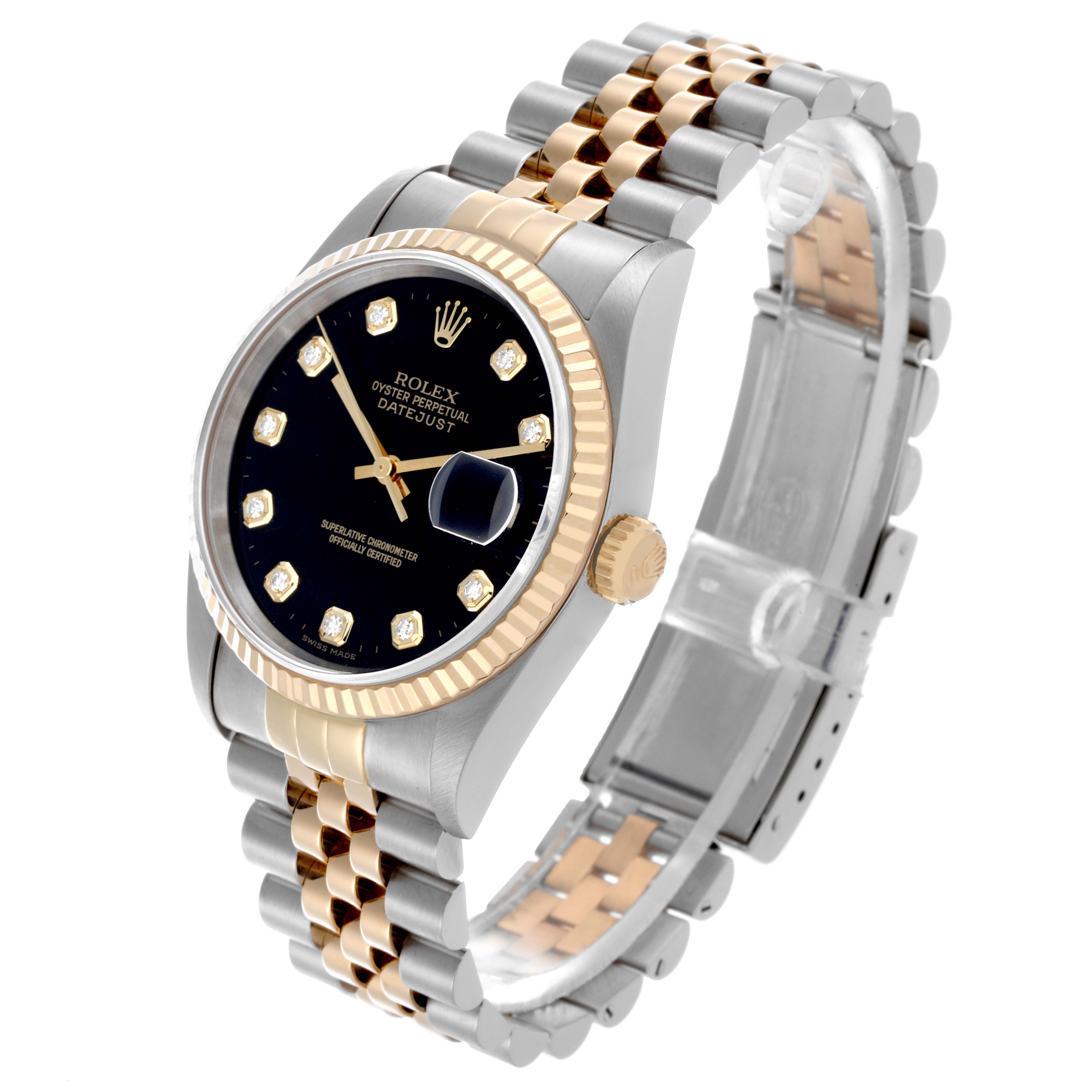 The Rolex Datejust 16233 Men's Steel and Gold (two tone) Black Dial 16233 Men's Steel and Gold (two tone) Black Dial watch is shown at an angled side view, displaying the bracelet, case, dial, and crown.
