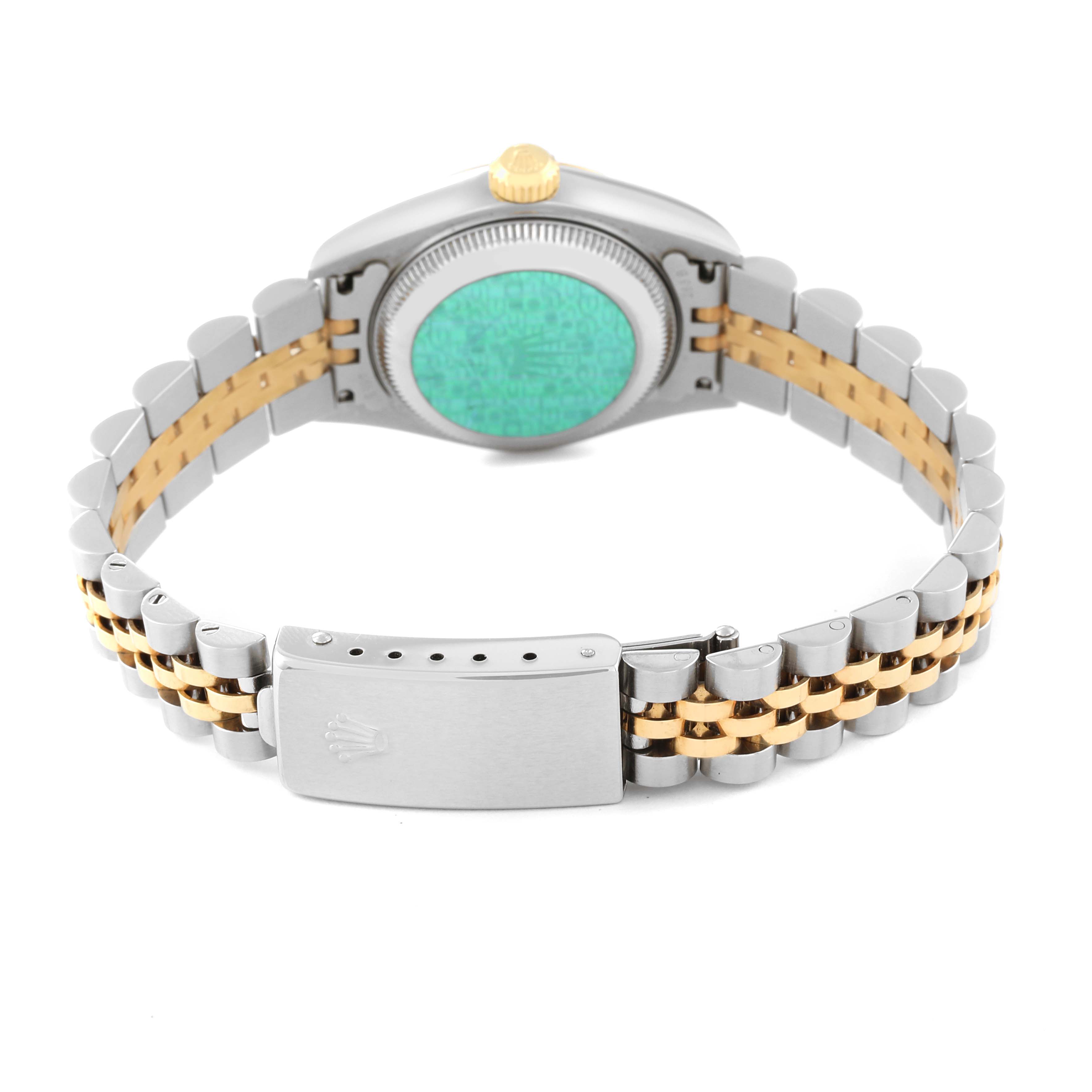 This image shows the back view of a Rolex Datejust 79173 Women's Steel and Gold (two tone) Champagne Dial 79173 Women's Steel and Gold (two tone) Champagne Dial watch, focusing on the case, bezel, and Jubilee bracelet with gold and silver links.