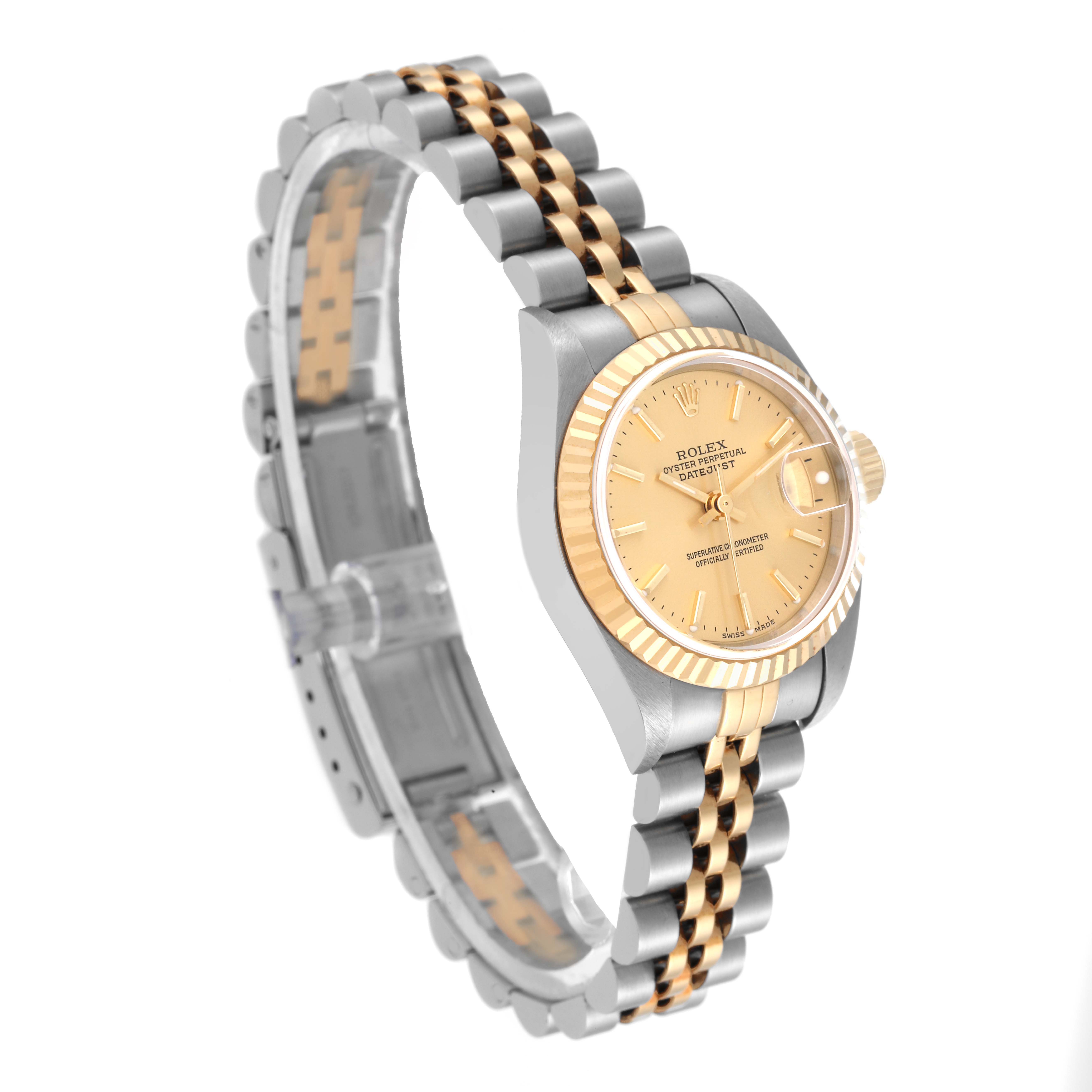 The Rolex Datejust 79173 Women's Steel and Gold (two tone) Champagne Dial 79173 Women's Steel and Gold (two tone) Champagne Dial watch is shown at a slight angle, displaying the dial, bezel, and bracelet clearly.