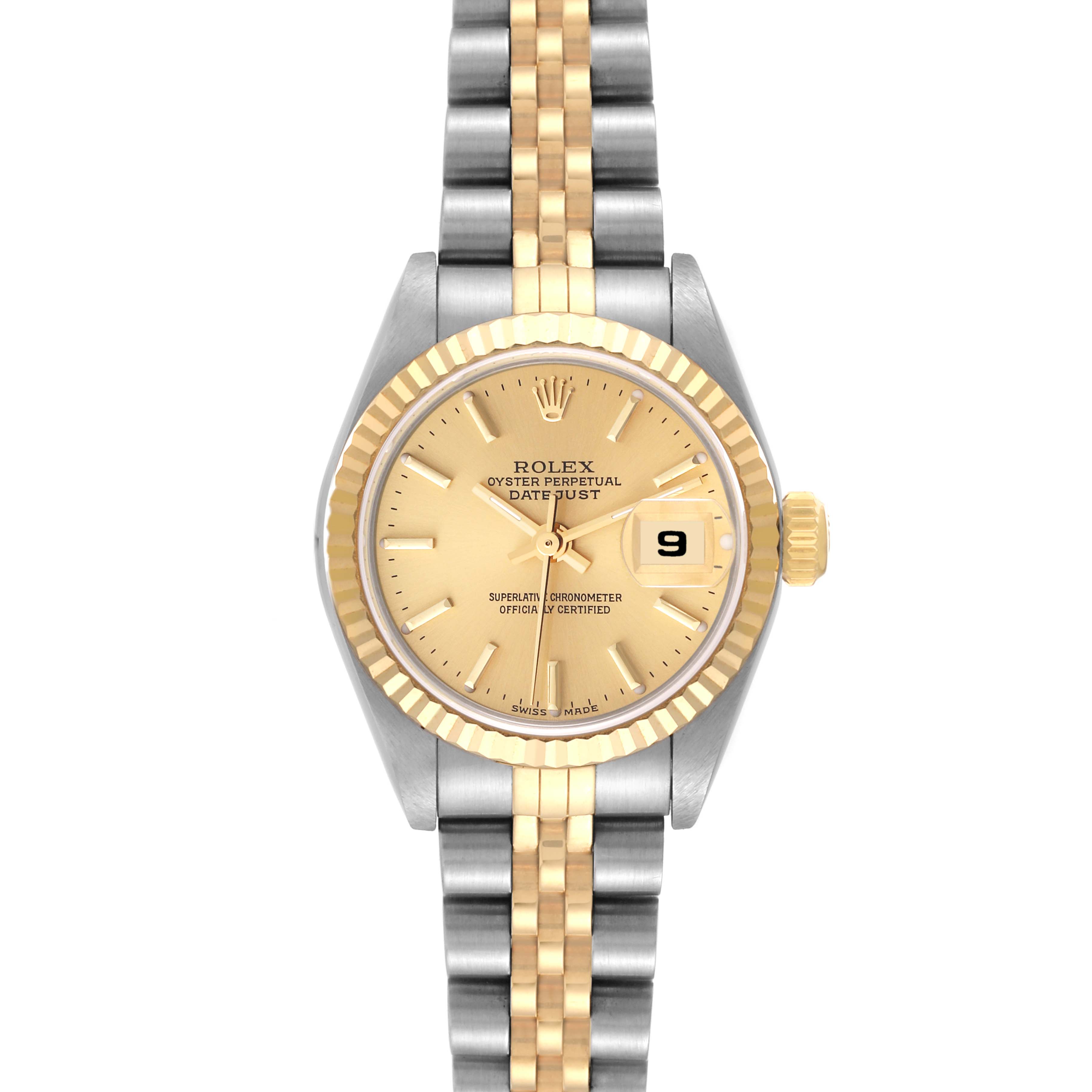 The Rolex Datejust 79173 Women's Steel and Gold (two tone) Champagne Dial 79173 Women's Steel and Gold (two tone) Champagne Dial watch is shown from a top-down angle, displaying the face, bezel, and bracelet.
