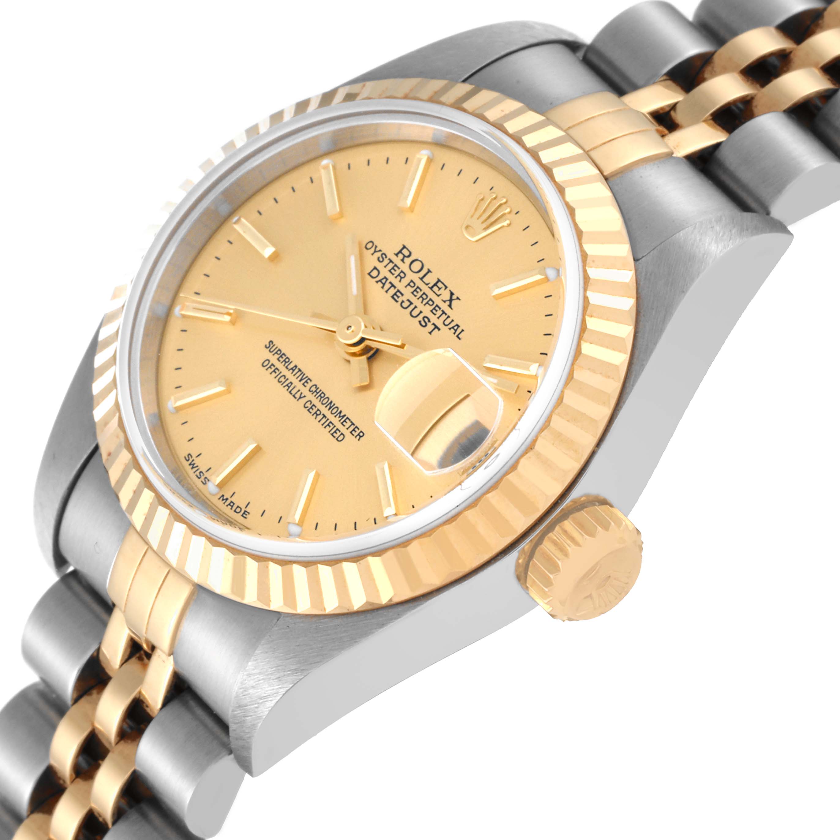 The image shows a close-up angled view of the Rolex Datejust 79173 Women's Steel and Gold (two tone) Champagne Dial 79173 Women's Steel and Gold (two tone) Champagne Dial watch, highlighting the dial, crown, and part of the bracelet.