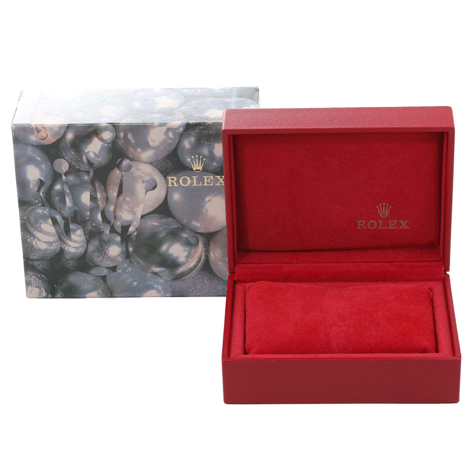 This image shows a Rolex Datejust 79173 Women's Steel and Gold (two tone) Champagne Dial 79173 Women's Steel and Gold (two tone) Champagne Dial watch box and packaging, including the outer box and the red inner case.