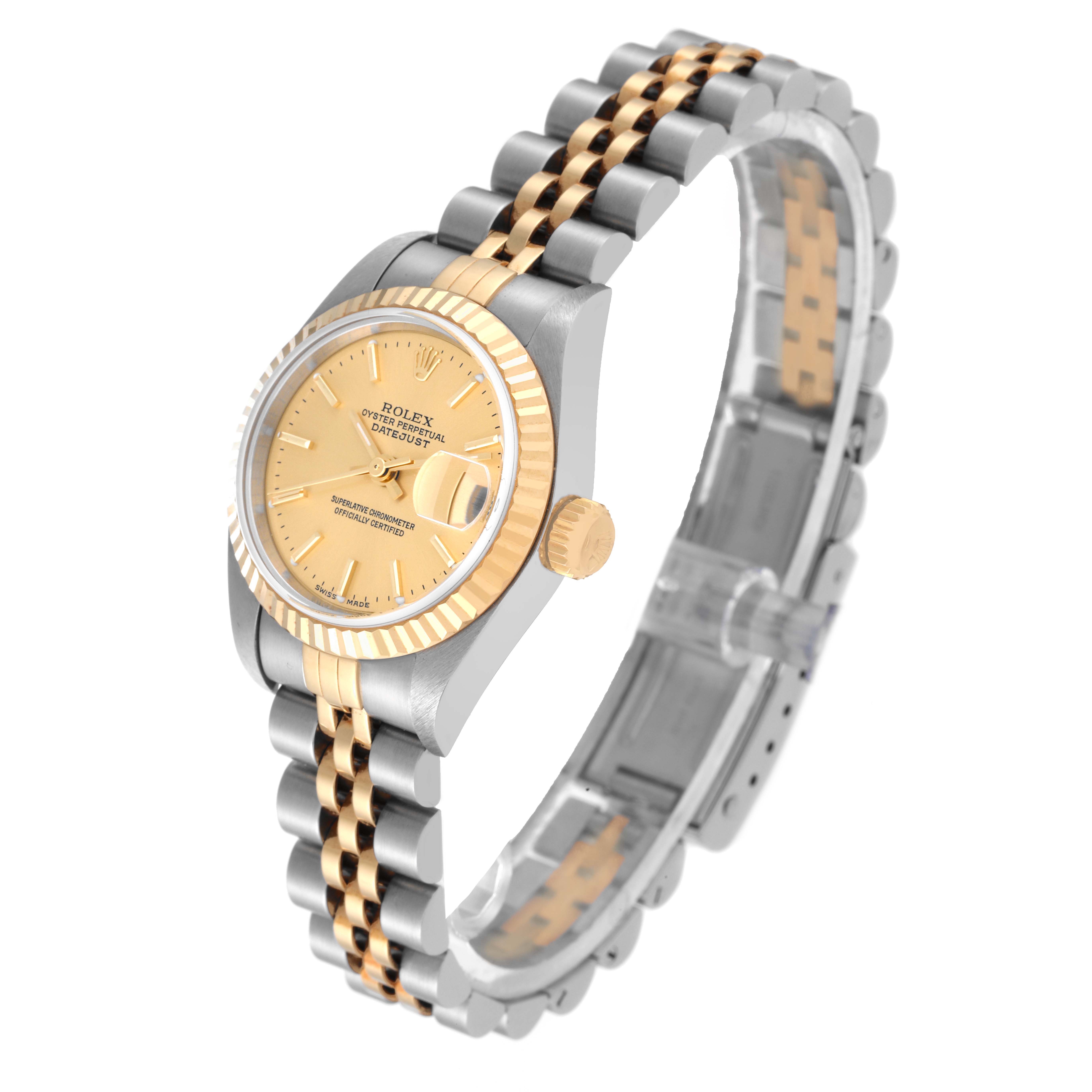 This image shows a side angle of a Rolex Datejust 79173 Women's Steel and Gold (two tone) Champagne Dial 79173 Women's Steel and Gold (two tone) Champagne Dial watch, highlighting the face, bezel, crown, and jubilee bracelet.