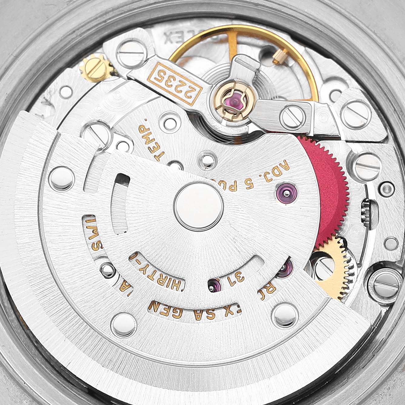 This image shows a close-up of the inner mechanical movement of a Rolex Datejust 79173 Women's Steel and Gold (two tone) Champagne Dial 79173 Women's Steel and Gold (two tone) Champagne Dial watch.