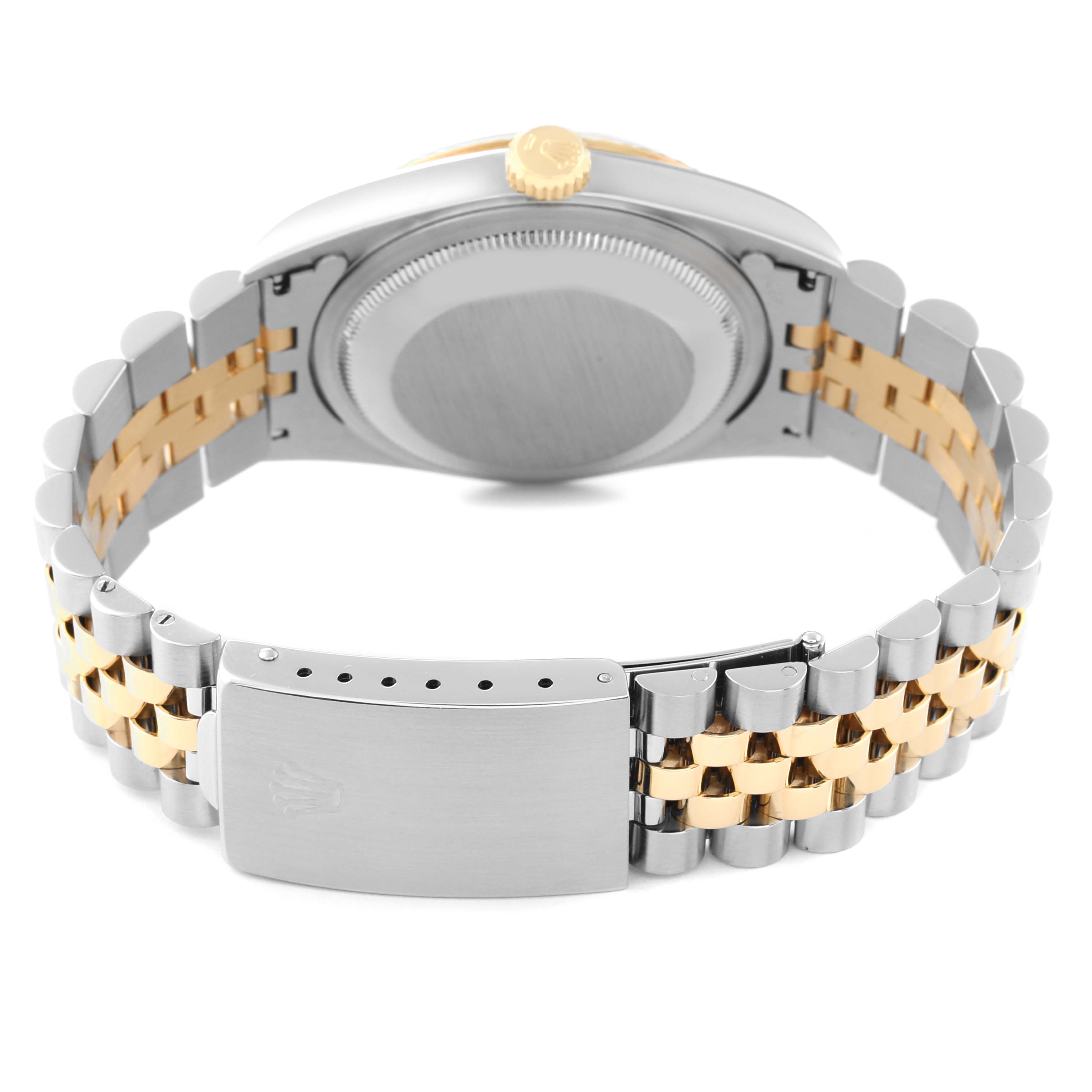 The image shows the back view of a Rolex Datejust 16233 Men's Steel and Gold (two tone) Silver Dial 16233 Men's Steel and Gold (two tone) Silver Dial watch, highlighting its caseback, crown, and two-tone Jubilee bracelet with a clasp.