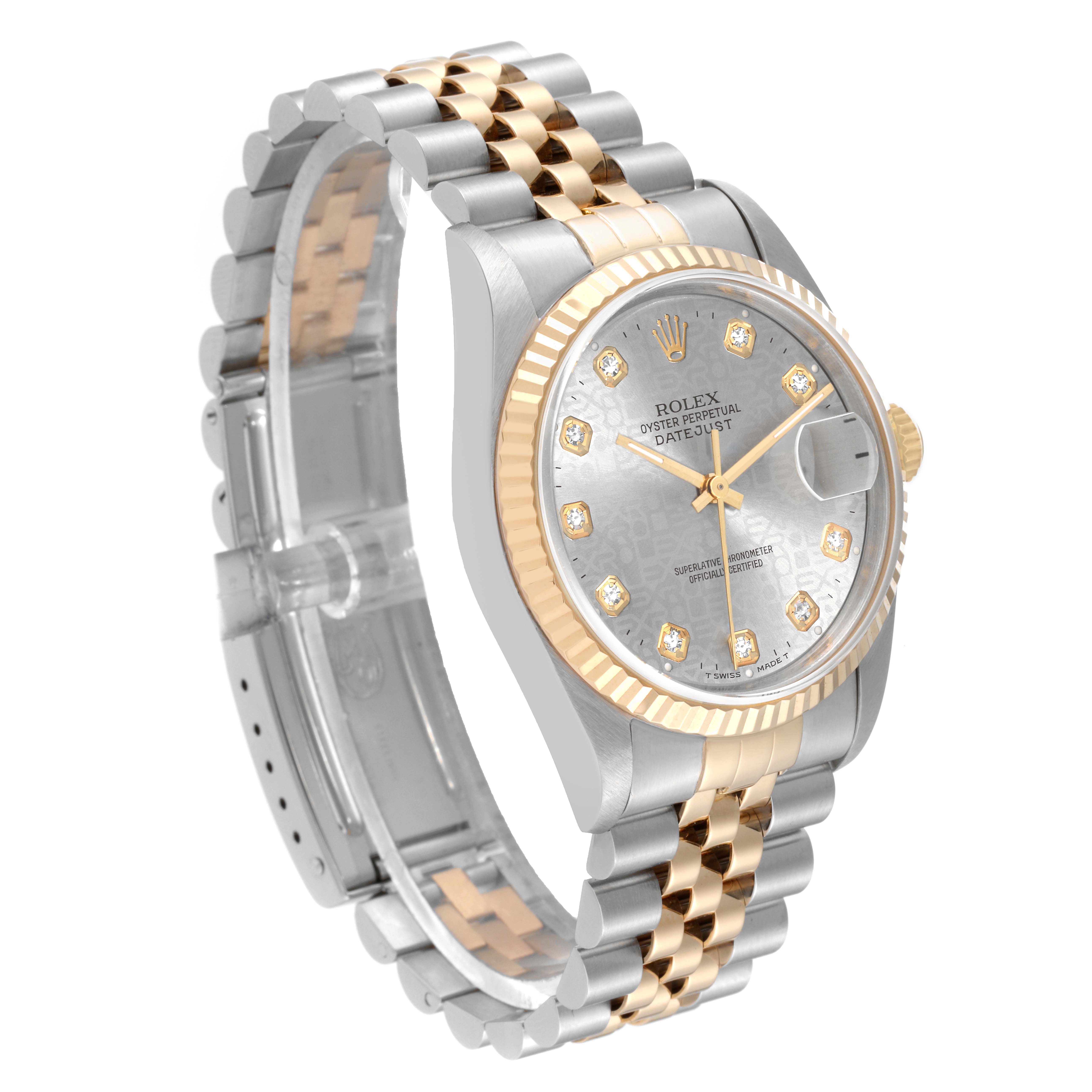 This image shows the Rolex Datejust 16233 Men's Steel and Gold (two tone) Silver Dial 16233 Men's Steel and Gold (two tone) Silver Dial watch at a three-quarter angle, highlighting its two-tone bracelet, fluted bezel, and diamond hour markers.