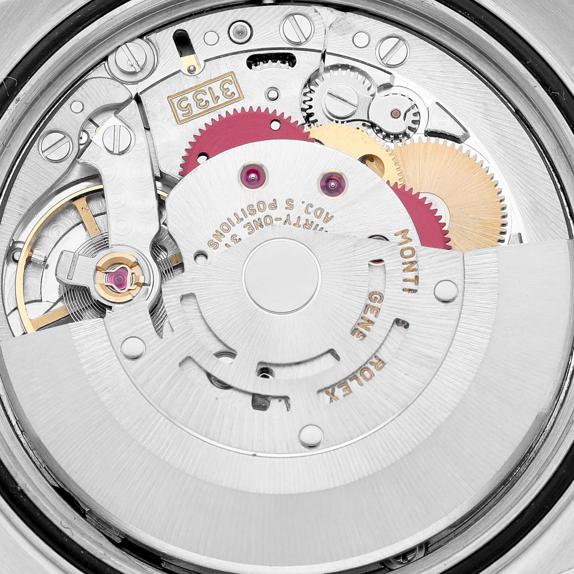 This image shows the intricate internal movement mechanism of the Rolex Datejust 16233 Men's Steel and Gold (two tone) Silver Dial 16233 Men's Steel and Gold (two tone) Silver Dial watch from a top view angle.