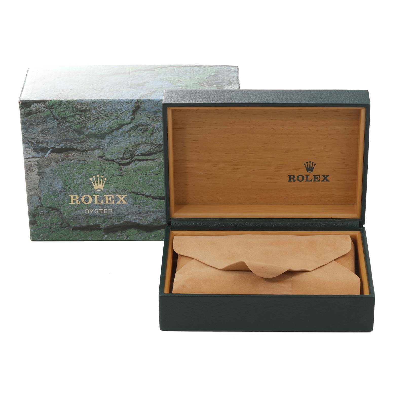 The image shows a Rolex Datejust 16233 Men's Steel and Gold (two tone) Silver Dial 16233 Men's Steel and Gold (two tone) Silver Dial watch box, which is open, displaying the packaging and interior lining.