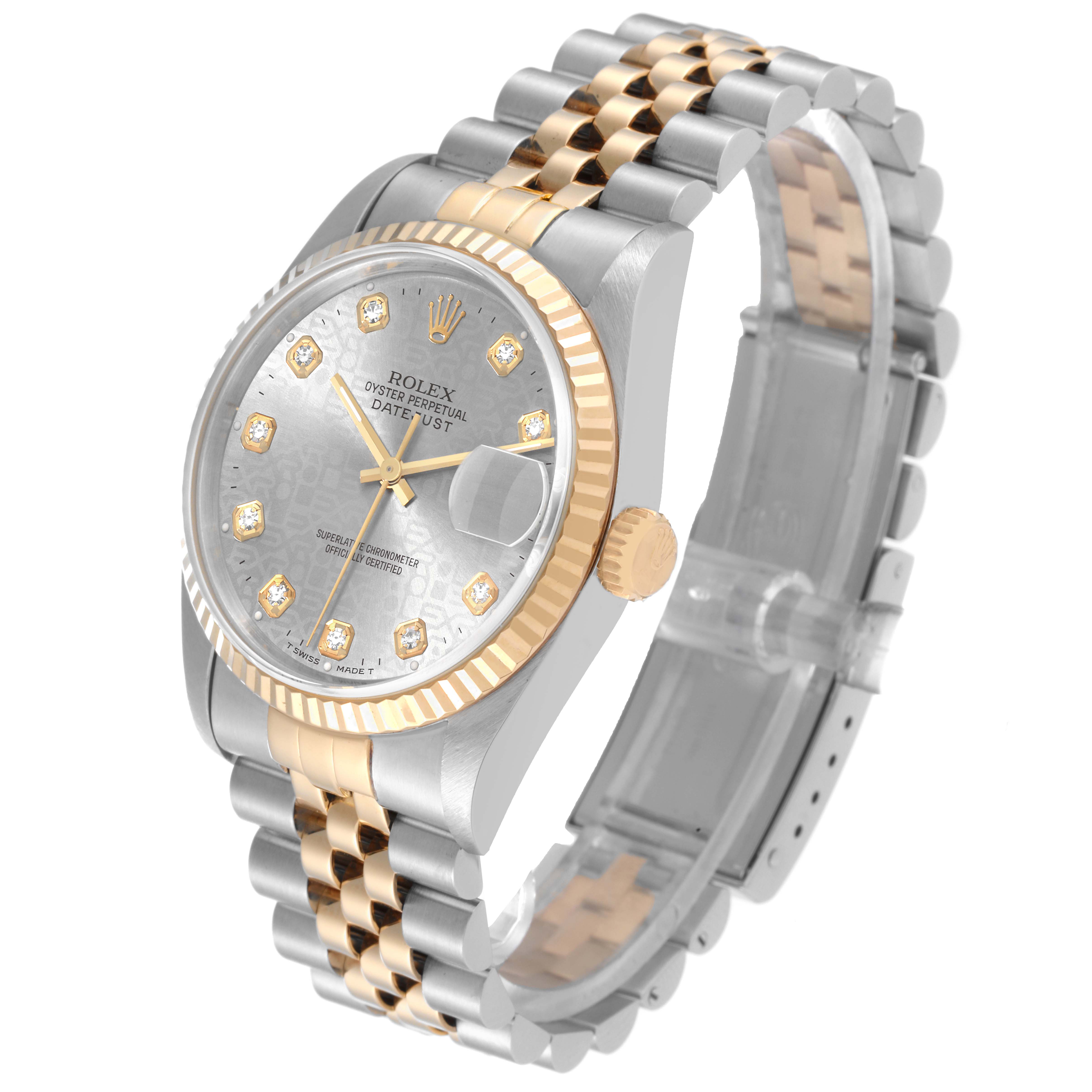The image shows a Rolex Datejust 16233 Men's Steel and Gold (two tone) Silver Dial 16233 Men's Steel and Gold (two tone) Silver Dial watch at a three-quarter angle, highlighting its dial, case, and two-tone bracelet.