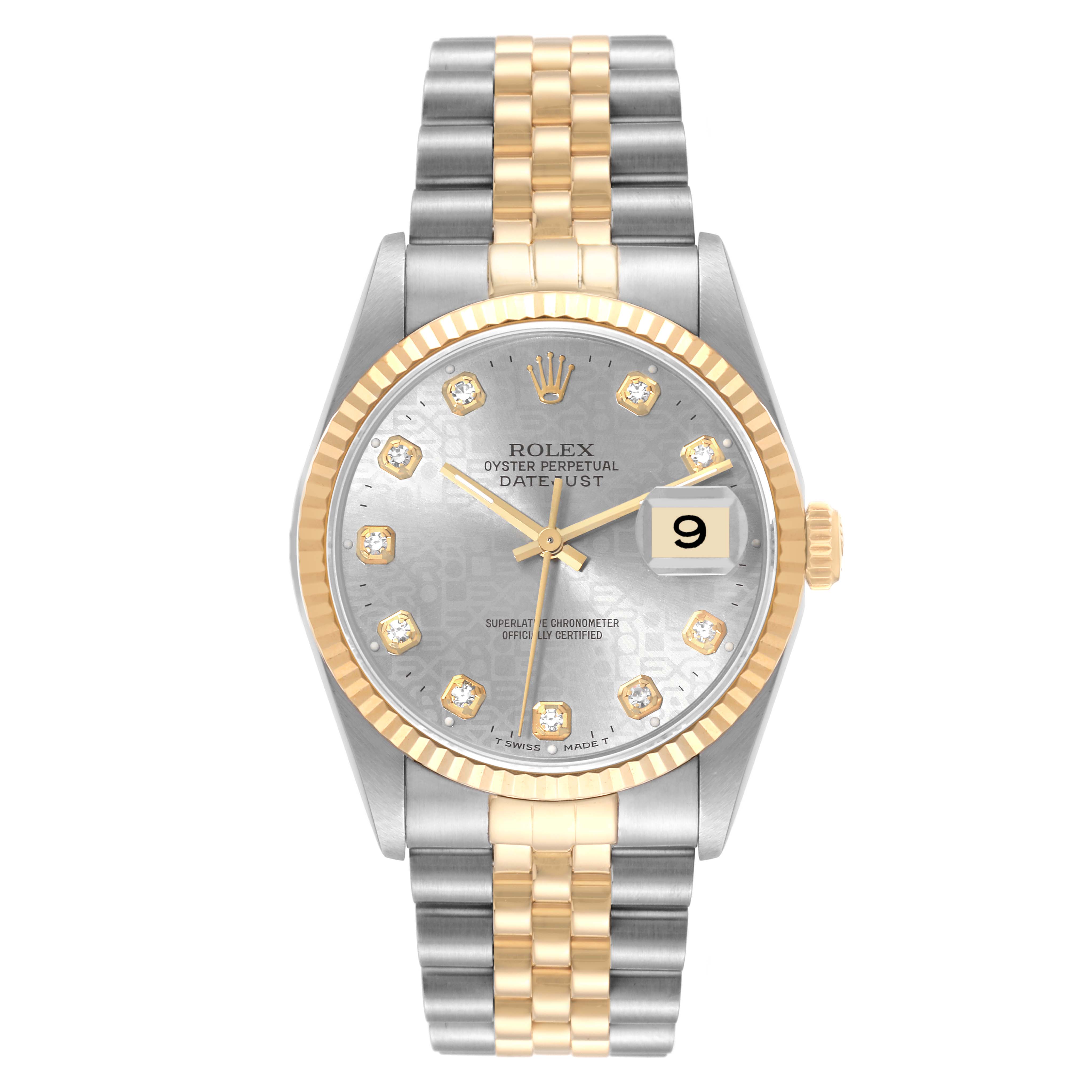 This image shows the front view of a Rolex Datejust 16233 Men's Steel and Gold (two tone) Silver Dial 16233 Men's Steel and Gold (two tone) Silver Dial watch with a silver and gold bracelet and a diamond-studded dial.