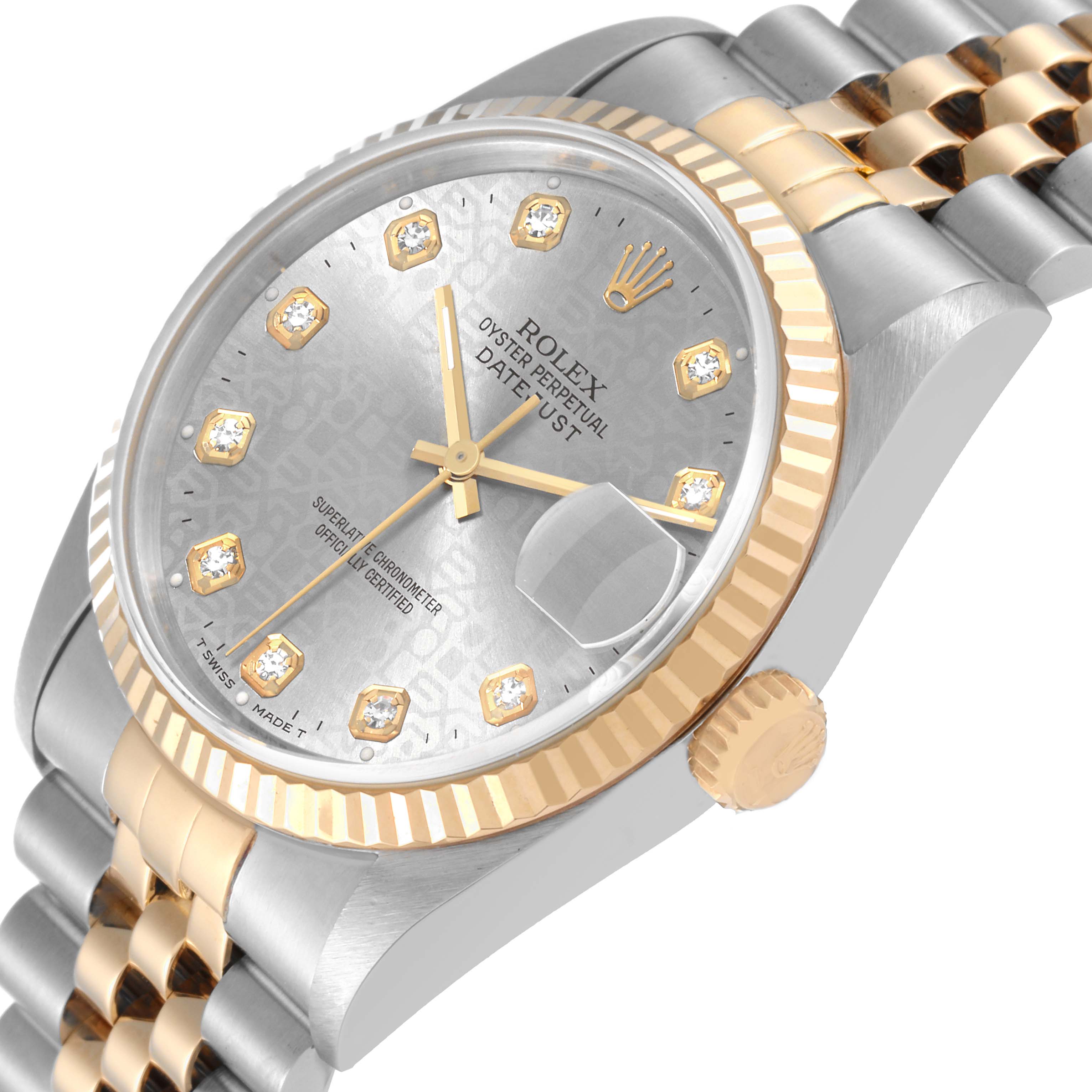 The image shows a close-up angled view of the Rolex Datejust 16233 Men's Steel and Gold (two tone) Silver Dial 16233 Men's Steel and Gold (two tone) Silver Dial watch, highlighting the face, bezel, and partial bracelet.