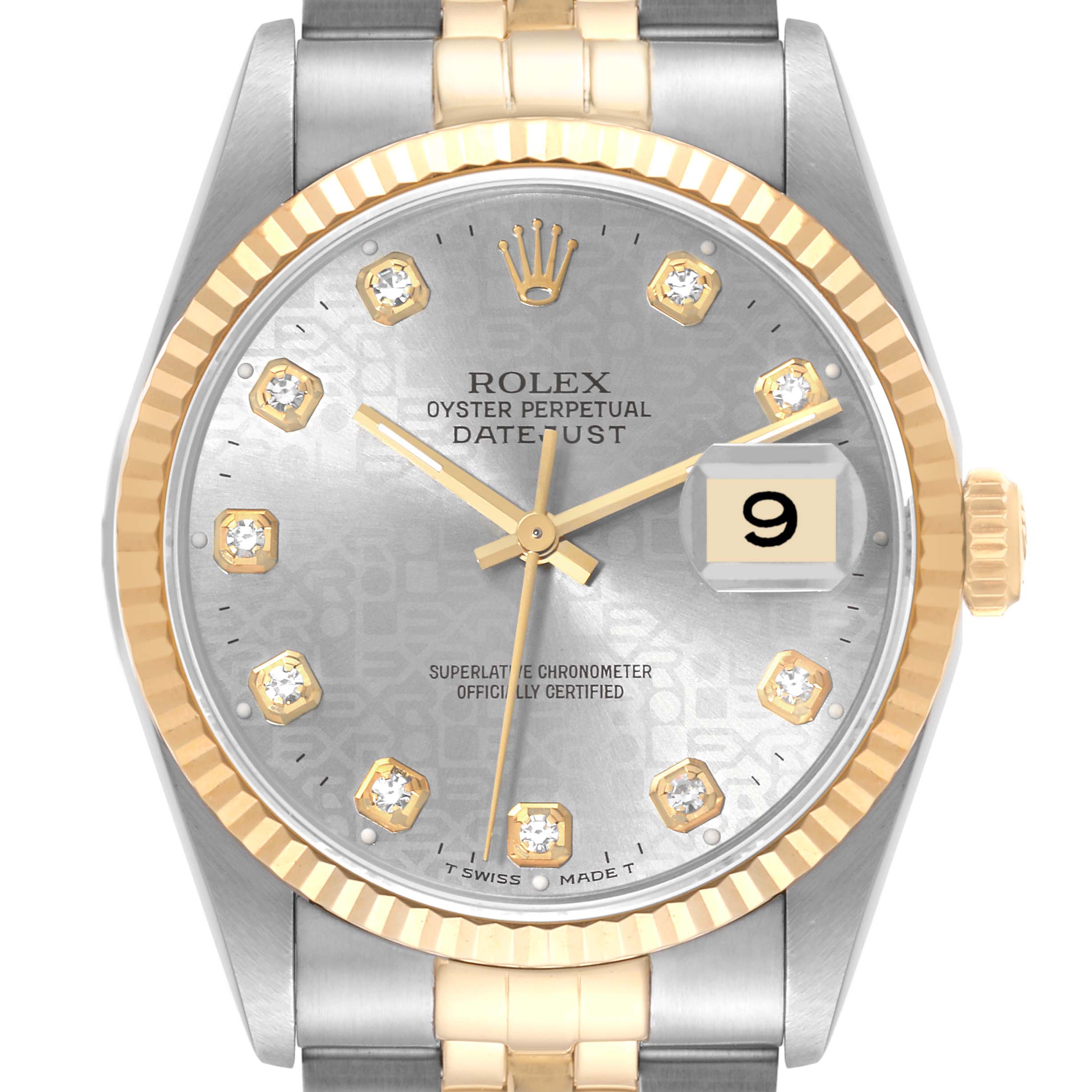 This image shows a close-up, front view of a Rolex Datejust 16233 Men's Steel and Gold (two tone) Silver Dial 16233 Men's Steel and Gold (two tone) Silver Dial watch, displaying the dial, hands, date window, and part of the bracelet.