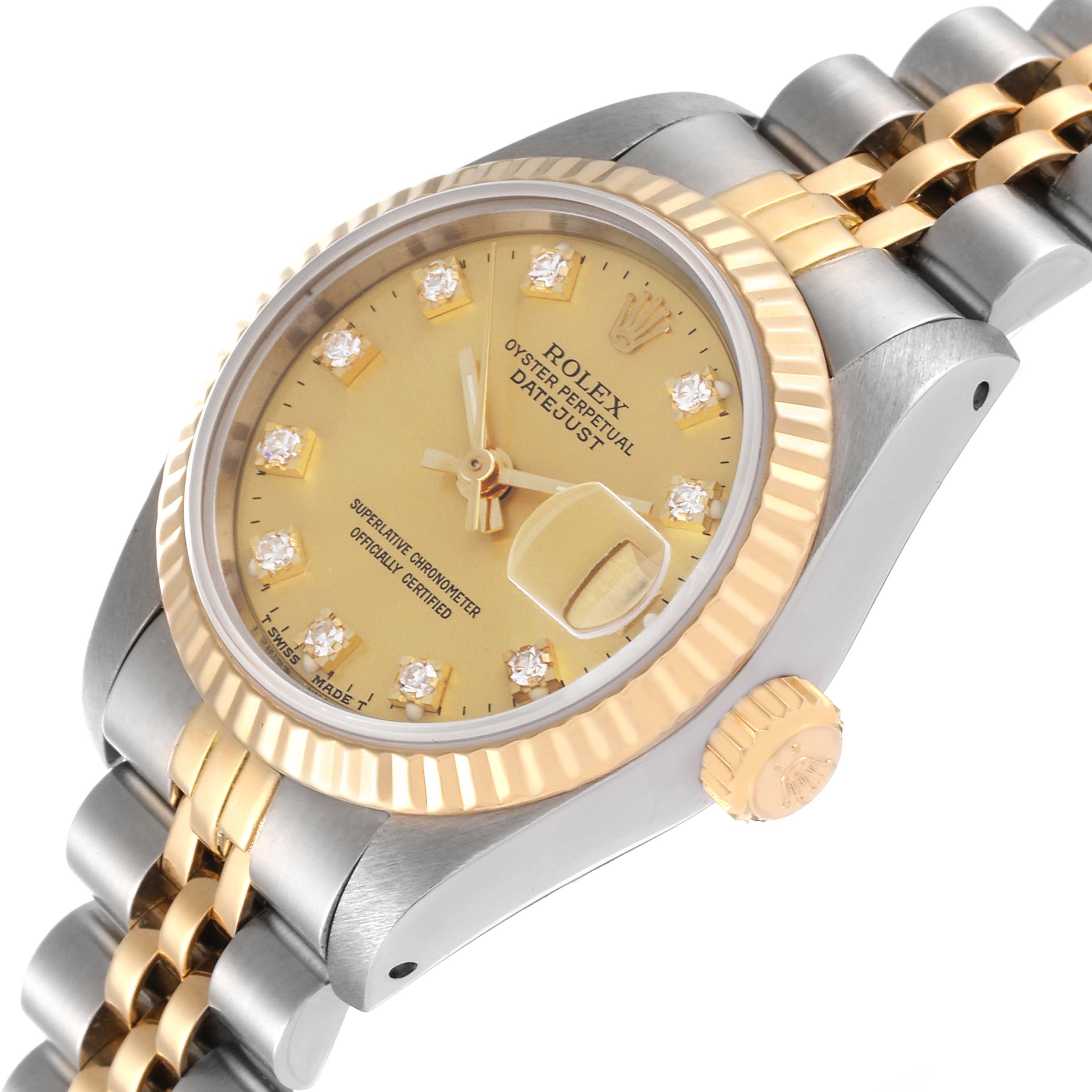 This image shows a Rolex Datejust 69173 Women's Steel and Gold (two tone) Champagne Dial 69173 Women's Steel and Gold (two tone) Champagne Dial watch at a three-quarter angle, highlighting the face, bezel, and part of the bracelet.