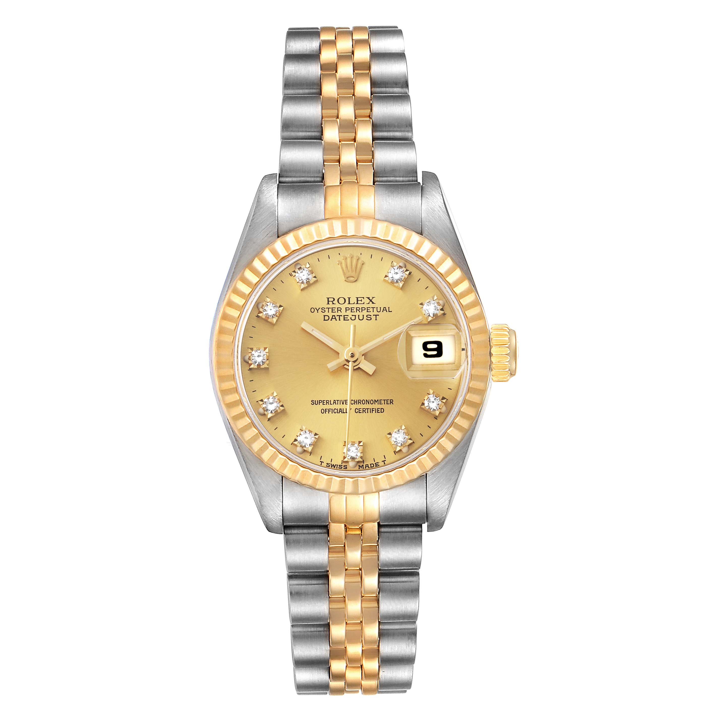 This image shows a Rolex Datejust 69173 Women's Steel and Gold (two tone) Champagne Dial 69173 Women's Steel and Gold (two tone) Champagne Dial watch, displaying the watch face, bezel, and bracelet from a front angle.