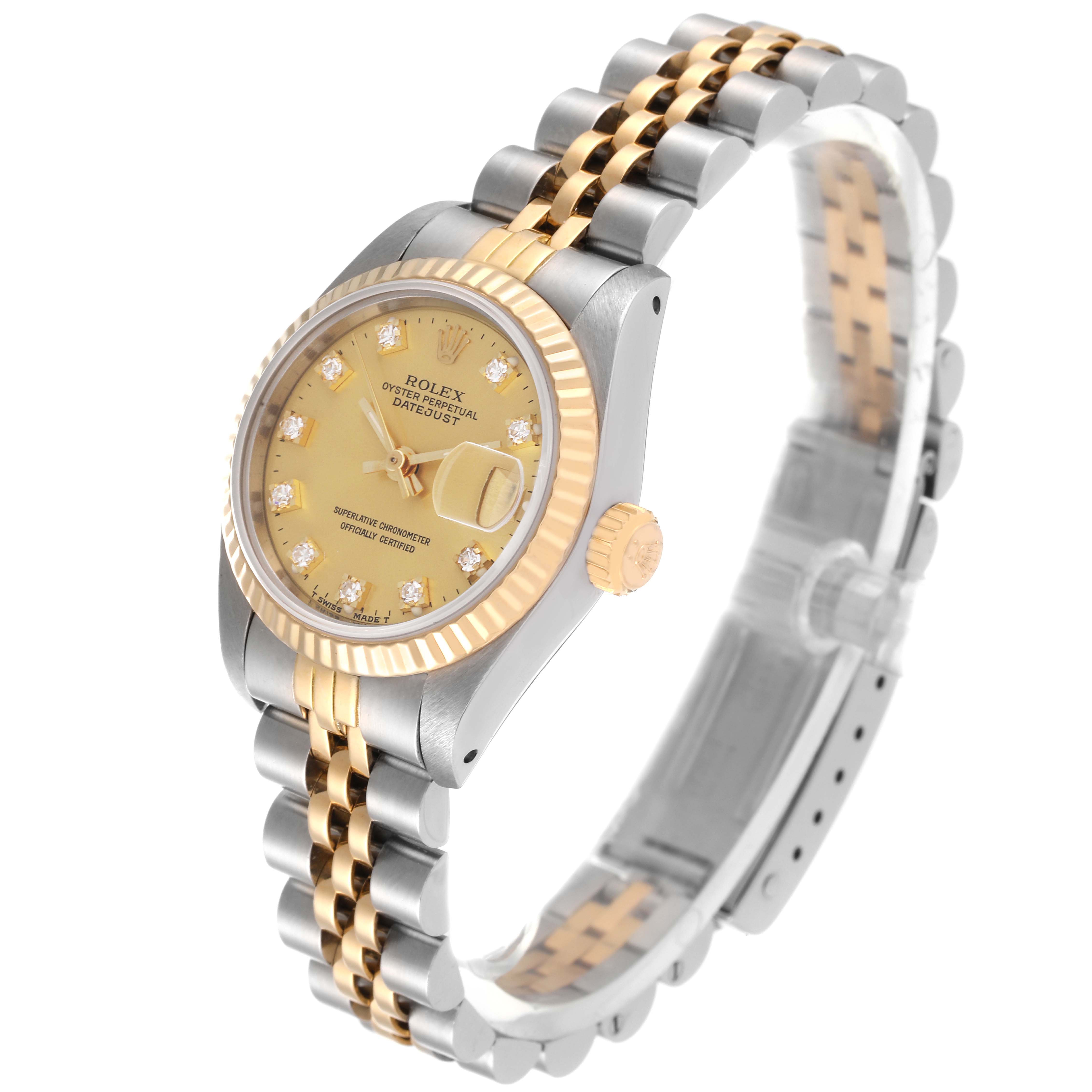 The image shows a Rolex Datejust 69173 Women's Steel and Gold (two tone) Champagne Dial 69173 Women's Steel and Gold (two tone) Champagne Dial watch at a three-quarter angle, highlighting the dial, fluted bezel, crown, and two-tone bracelet.