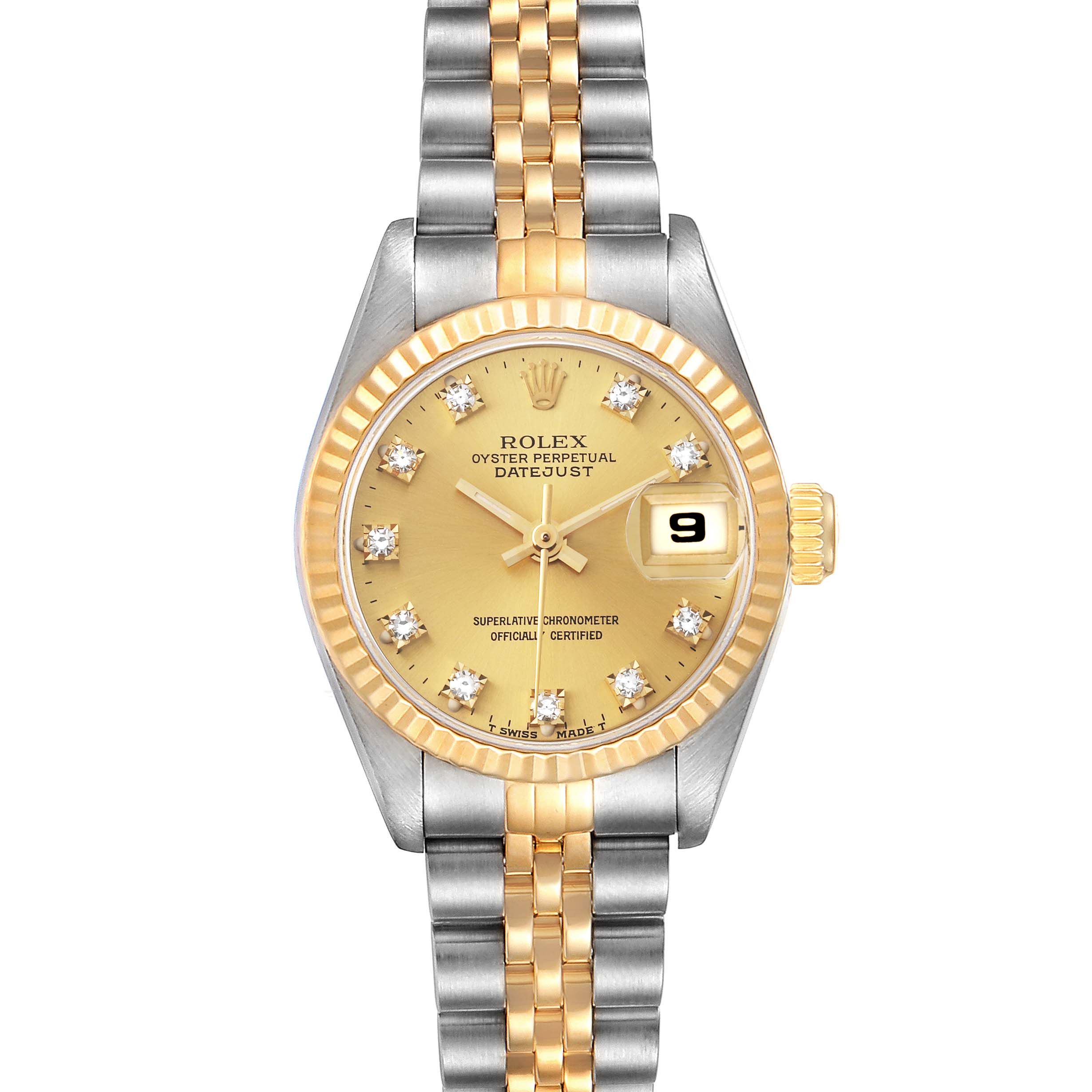 The image shows a frontal view of a Rolex Datejust 69173 Women's Steel and Gold (two tone) Champagne Dial 69173 Women's Steel and Gold (two tone) Champagne Dial watch featuring a two-tone bracelet and a gold dial with diamond hour markers.