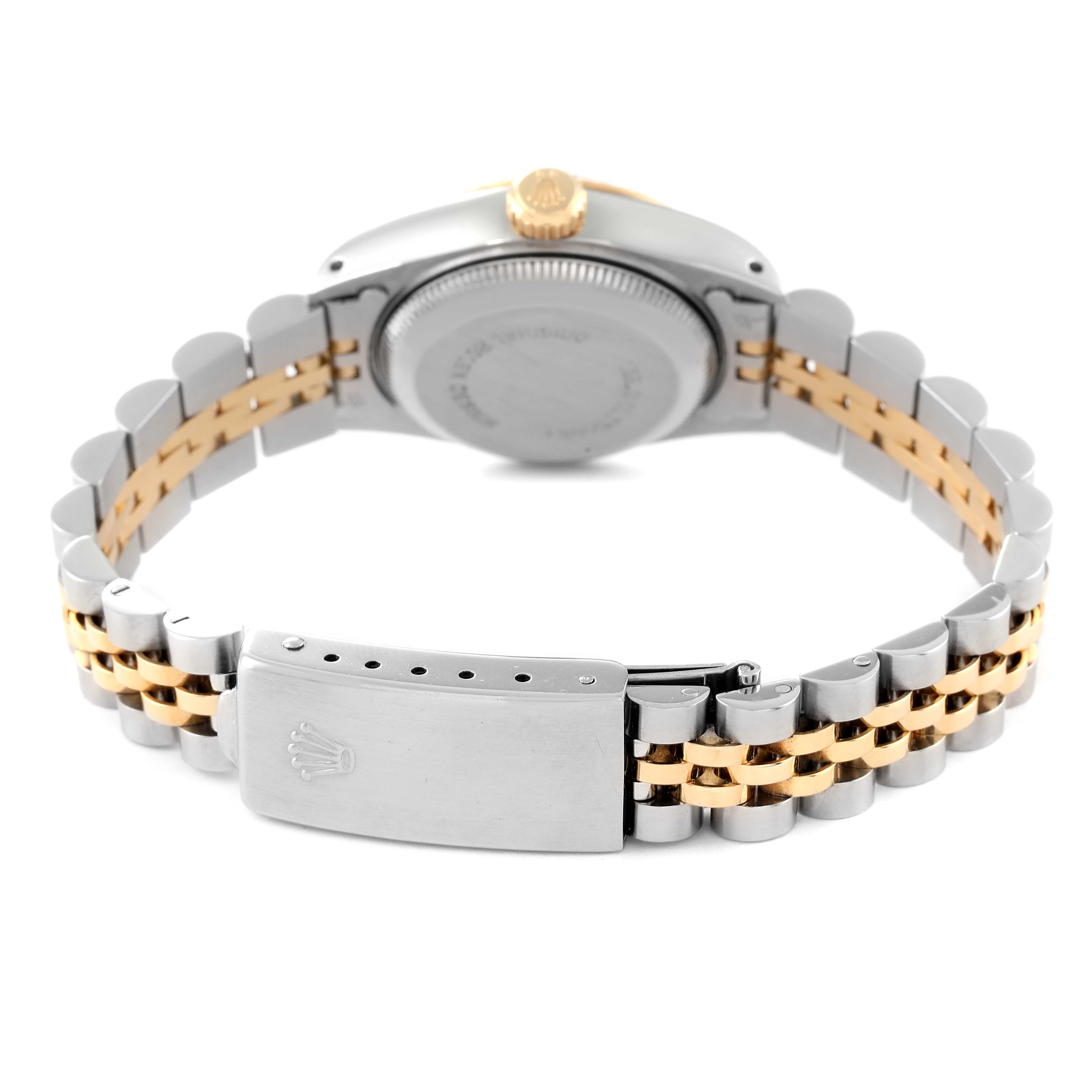 The image shows the back side of a Rolex Datejust 69173 Women's Steel and Gold (two tone) Champagne Dial 69173 Women's Steel and Gold (two tone) Champagne Dial watch, focusing on the clasp and metal bracelet.