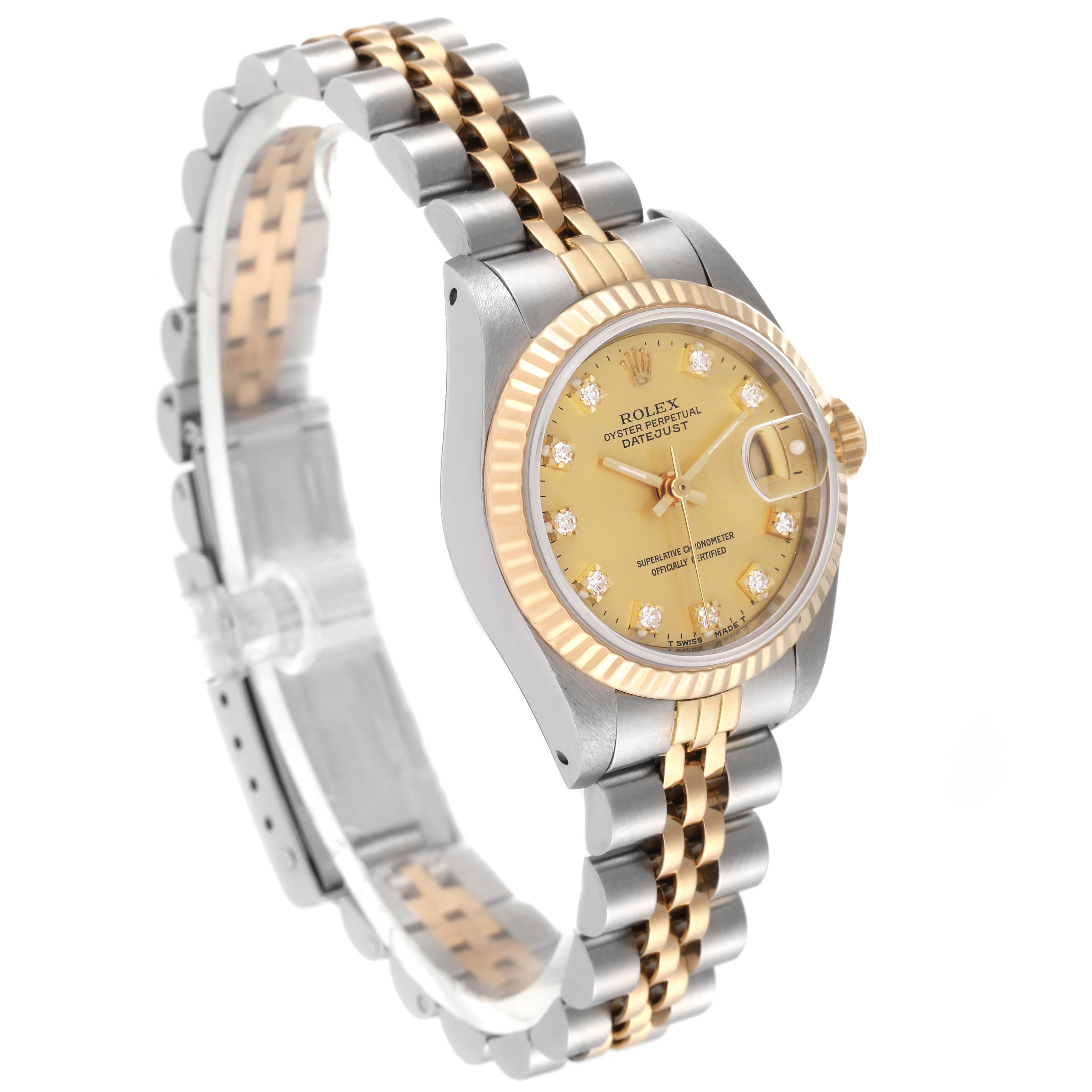 The Rolex Datejust 69173 Women's Steel and Gold (two tone) Champagne Dial 69173 Women's Steel and Gold (two tone) Champagne Dial watch is shown at a slight side angle, displaying its face, bezel, case, and two-tone bracelet.