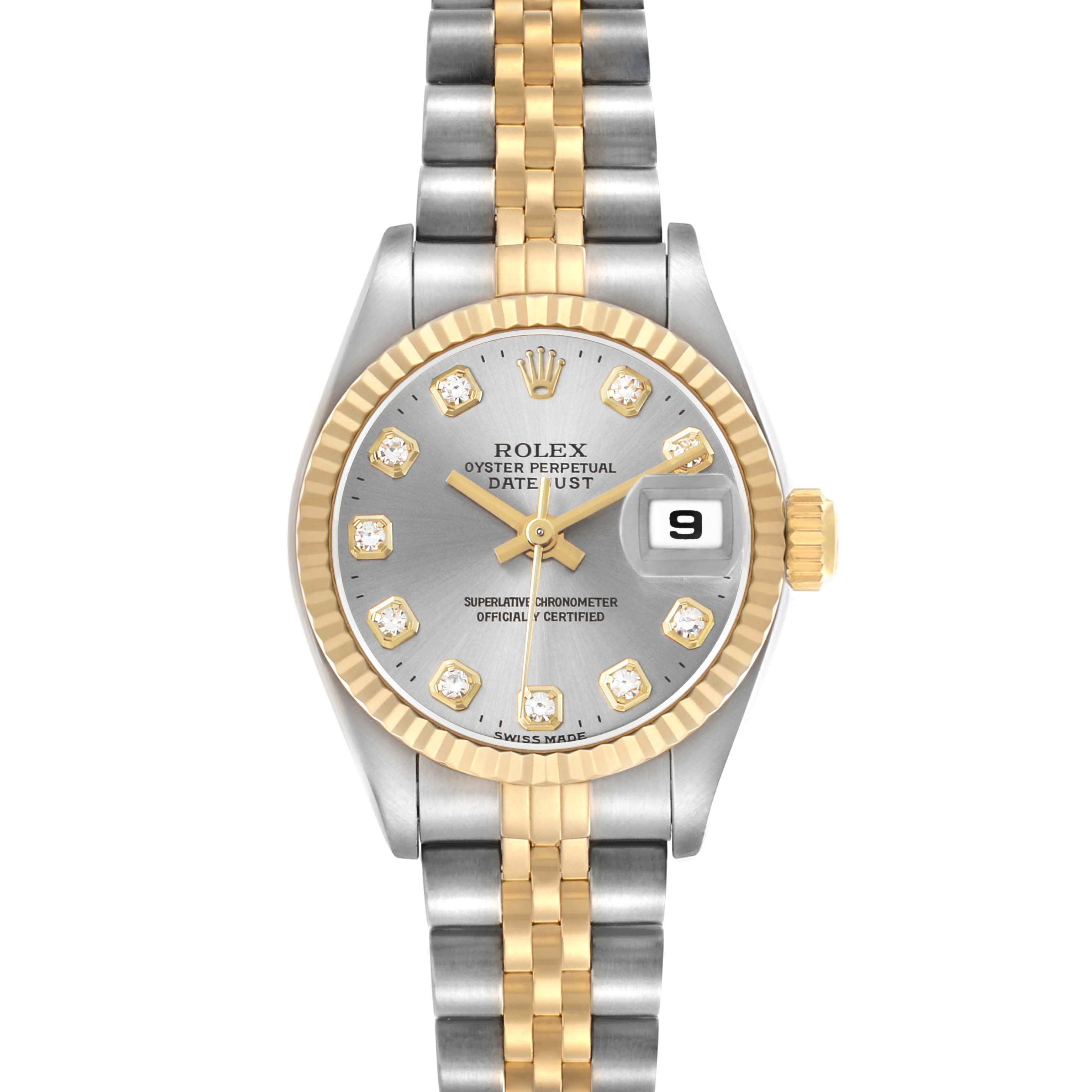 The Rolex Datejust 69173 Women's Steel and Gold (two tone) Grey Dial watch is shown from the front, displaying the dial, bezel, crown, and part of the bracelet.
