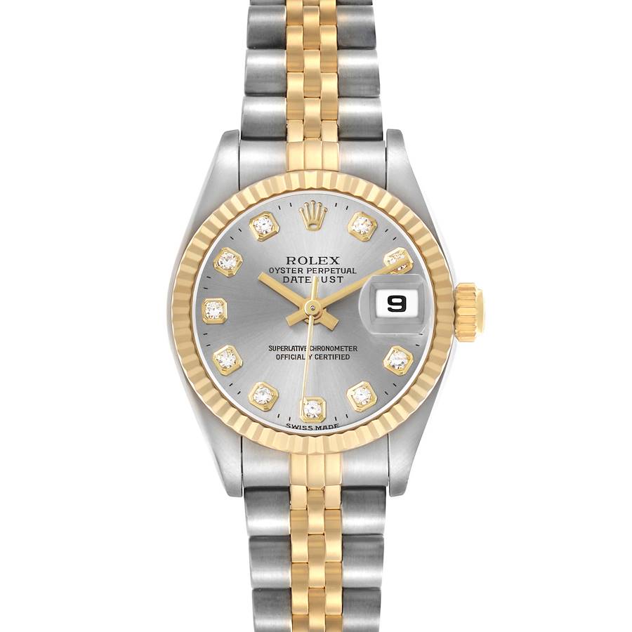 The Rolex Datejust 69173 Women's Steel and Gold (two tone) Grey Dial watch is shown from the front, displaying the dial, bezel, crown, and part of the bracelet.