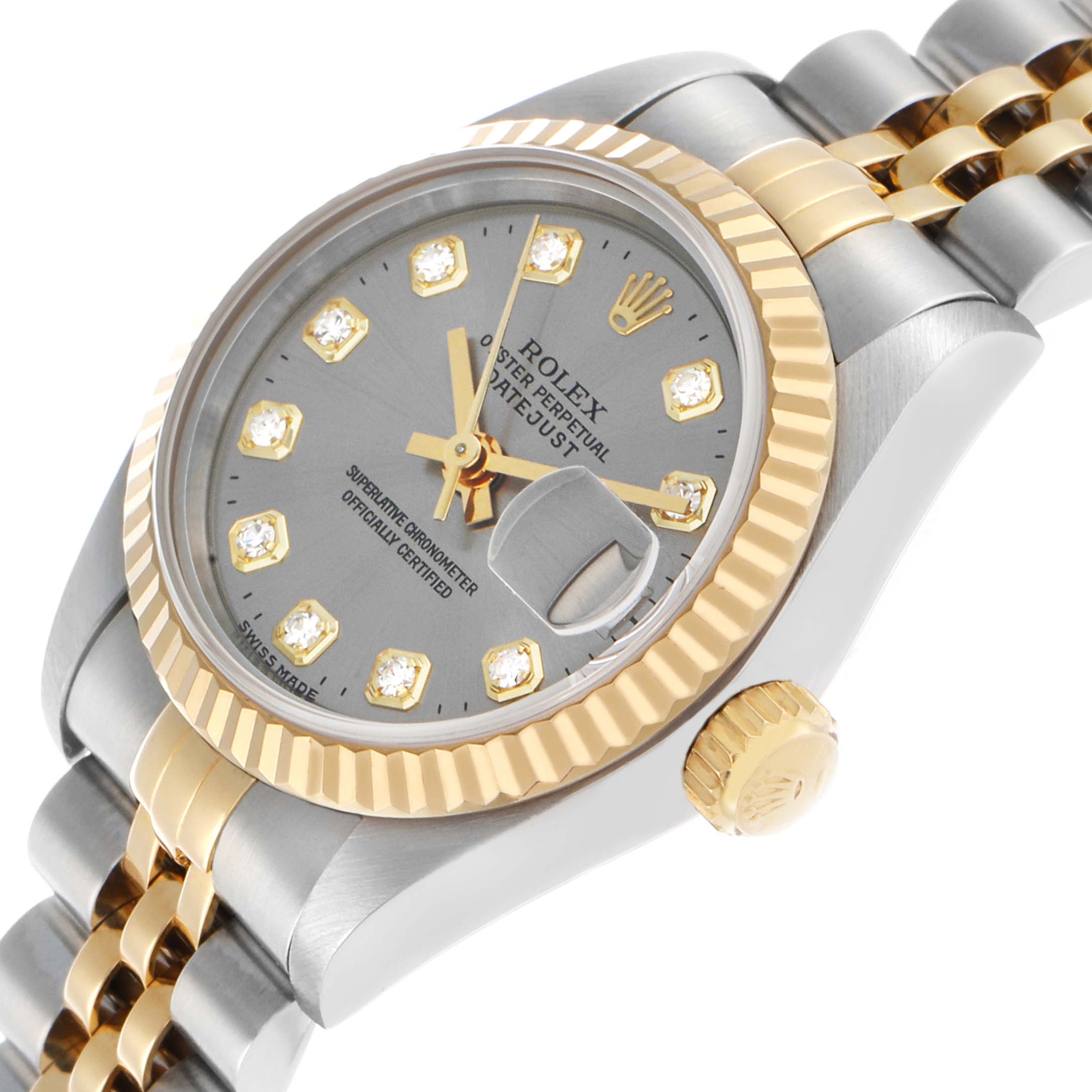 The Rolex Datejust 69173 Women's Steel and Gold (two tone) Grey Dial is shown from an angled side view, highlighting the dial, bezel, crown, and bracelet.