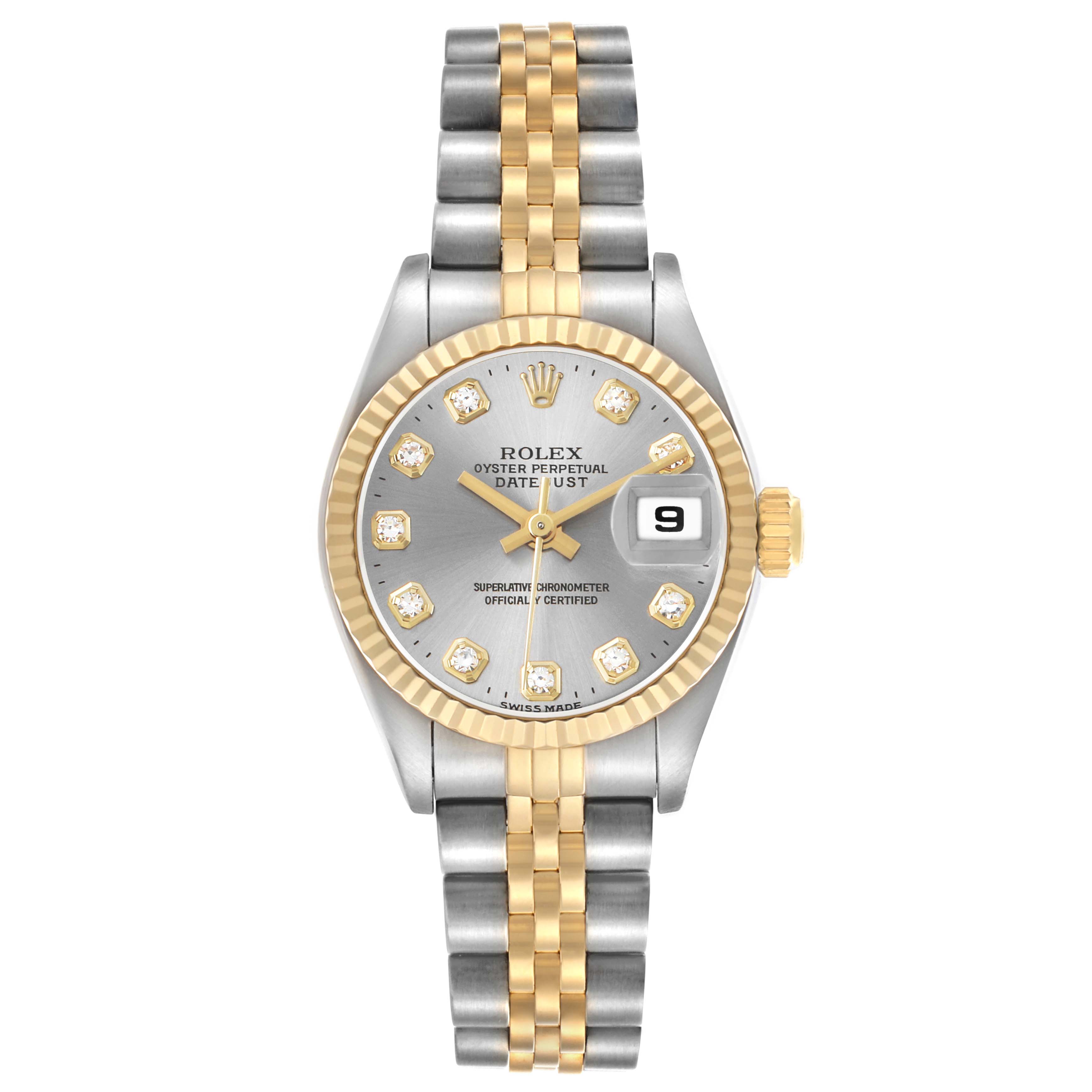 The Rolex Datejust 69173 Women's Steel and Gold (two tone) Grey Dial watch is shown from a top-down angle, displaying the dial, bezel, and bracelet.