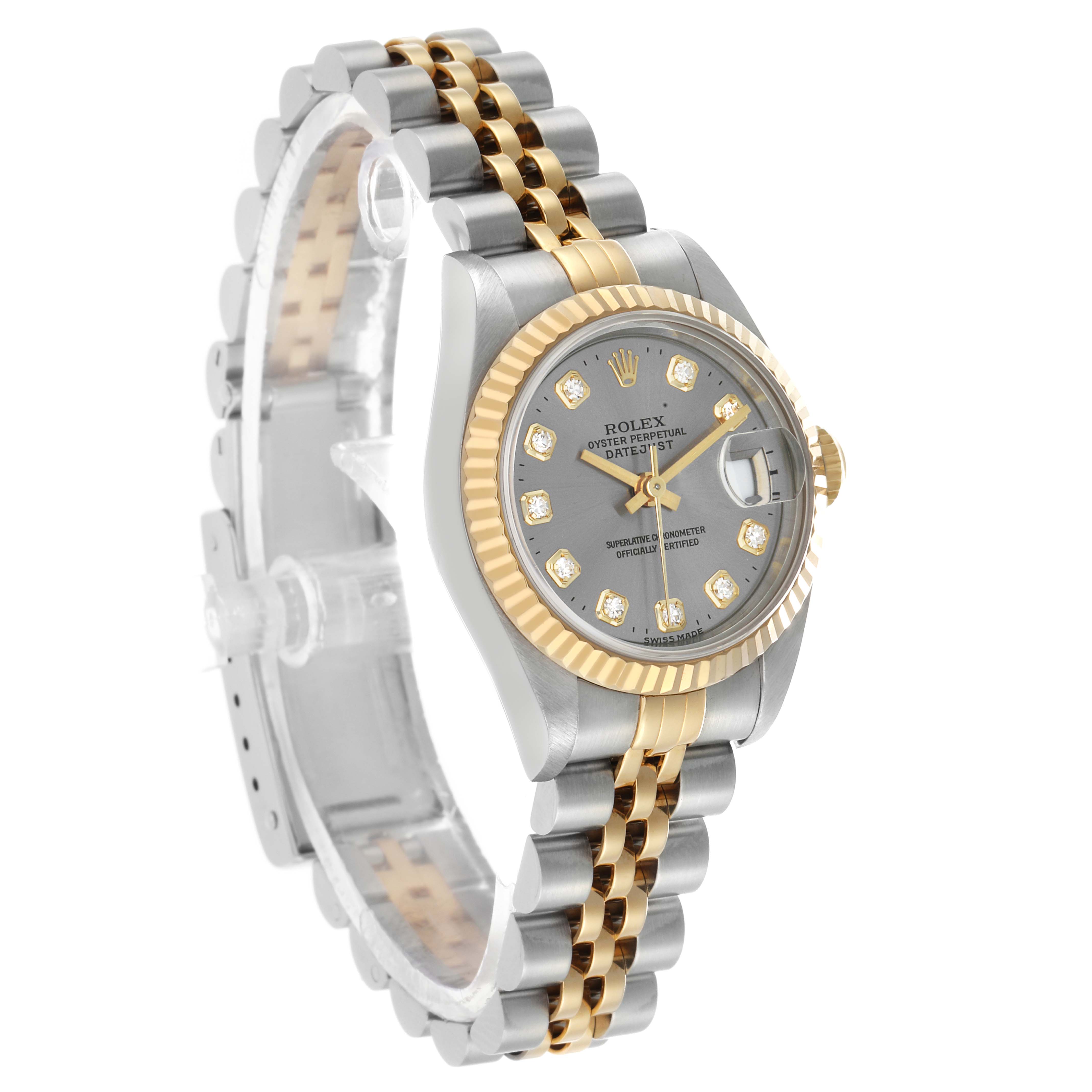 The Rolex Datejust 69173 Women's Steel and Gold (two tone) Grey Dial watch is shown at a three-quarter angle, highlighting the bezel, face, and Jubilee bracelet.