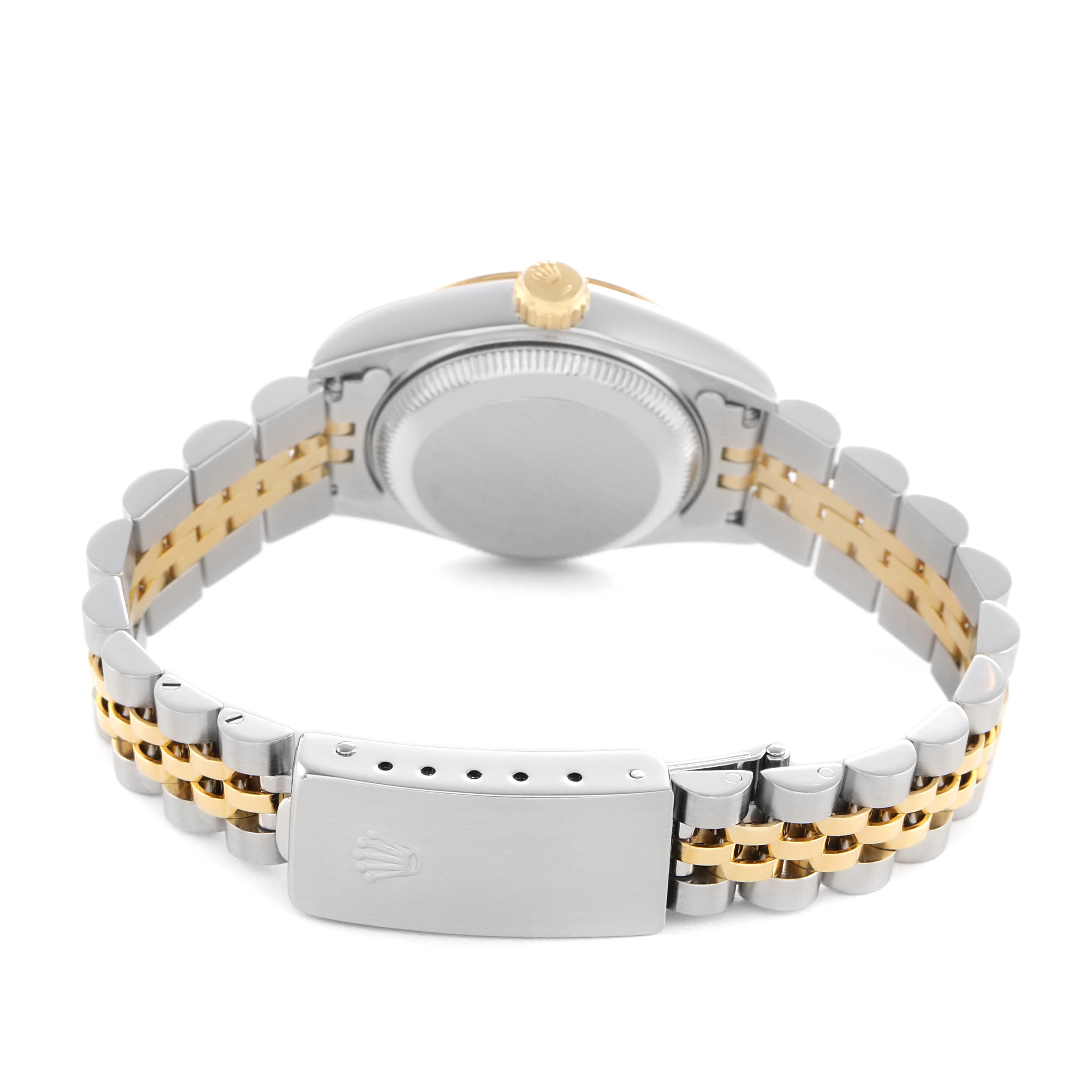 The Rolex Datejust 69173 Women's Steel and Gold (two tone) Grey Dial watch is shown from the back, highlighting the clasp, bracelet, and case back.