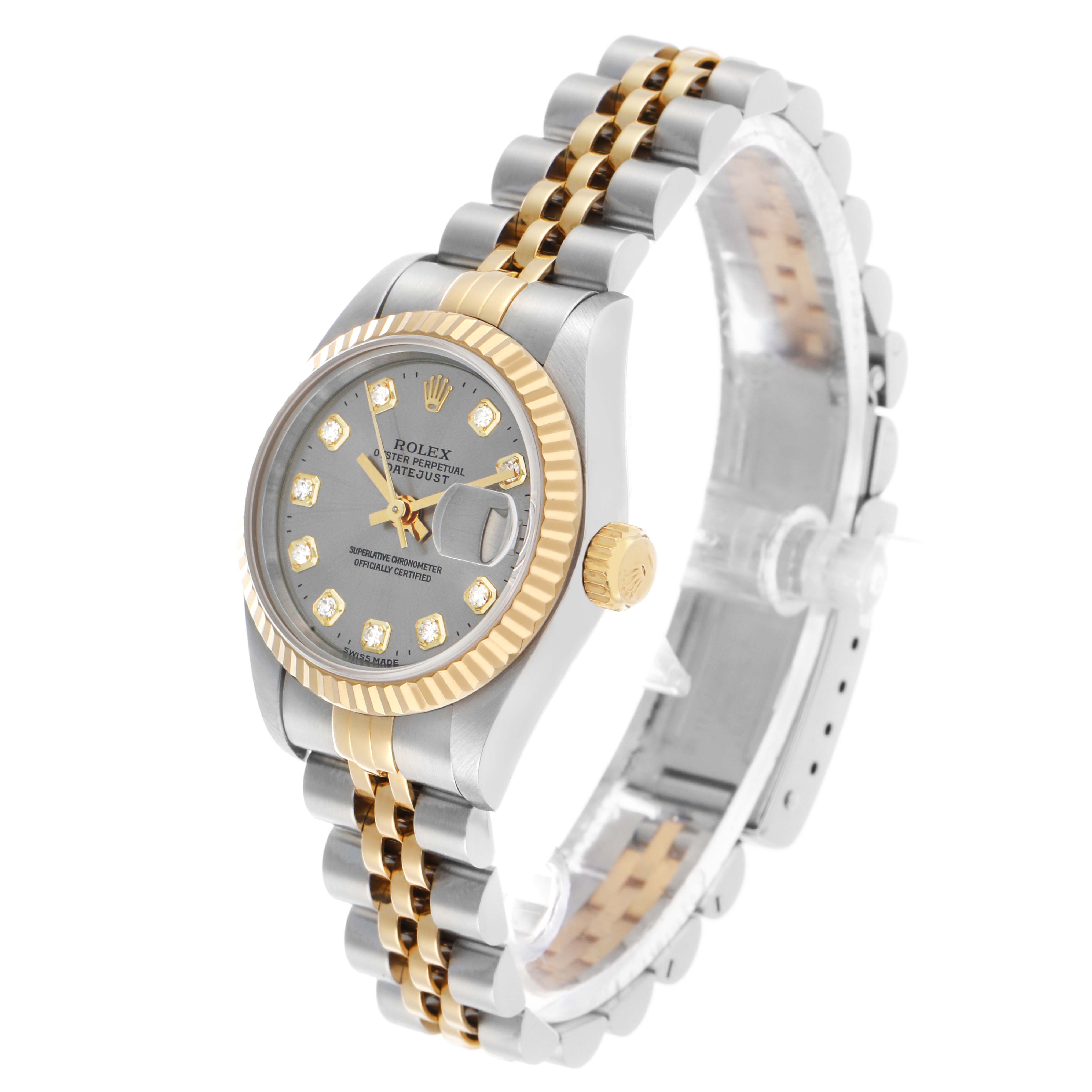 The Rolex Datejust 69173 Women's Steel and Gold (two tone) Grey Dial watch is shown at an angled side view, highlighting the face, bezel, and two-tone bracelet.