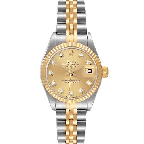 This image shows a frontal view of the Rolex Datejust 79173 Women's Steel and Gold (two tone) Champagne Dial, highlighting the dial, bezel, crown, and two-tone bracelet.