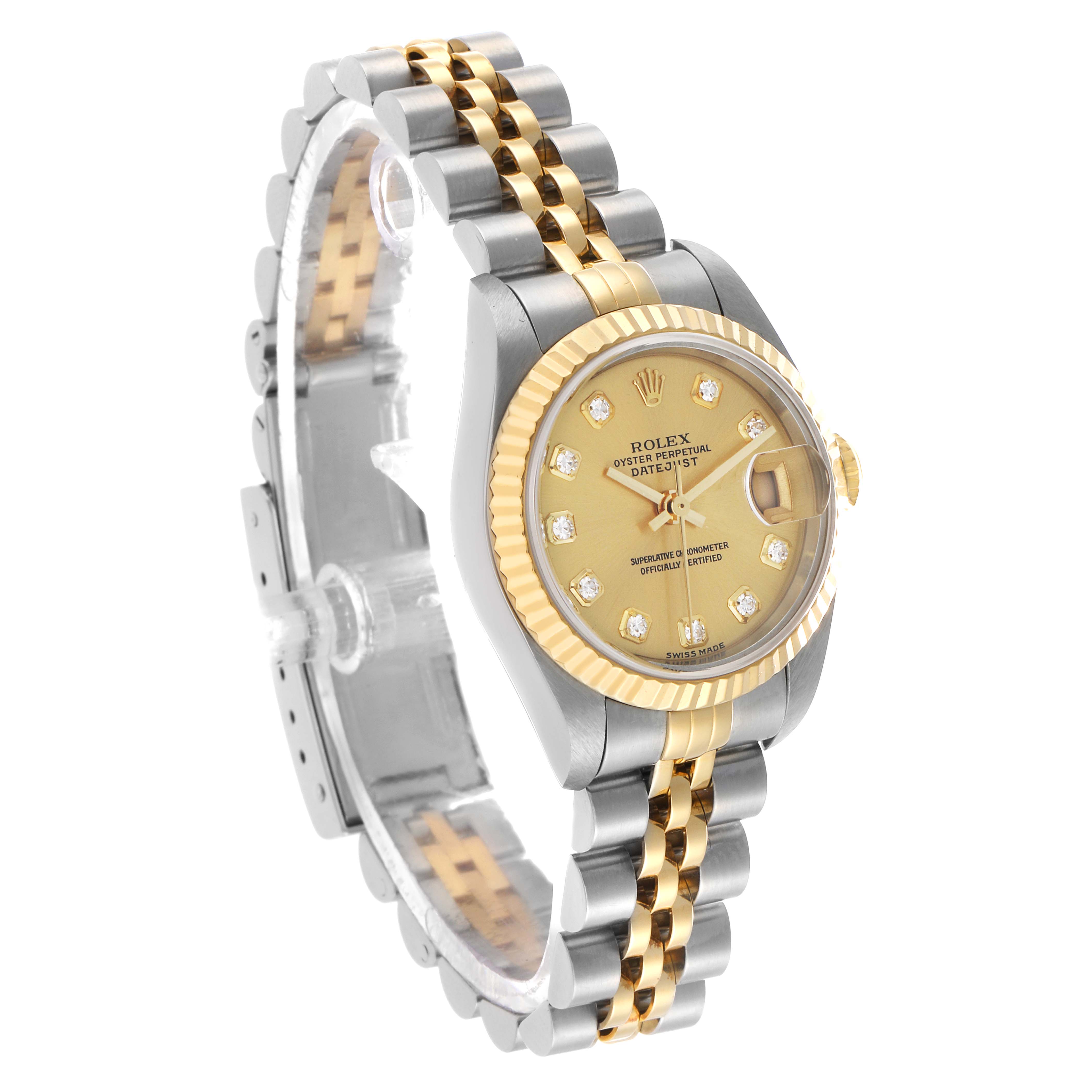 The Rolex Datejust 79173 Women's Steel and Gold (two tone) Champagne Dial watch is shown at a three-quarter angle, highlighting the gold bezel, dial, bracelet, and case.