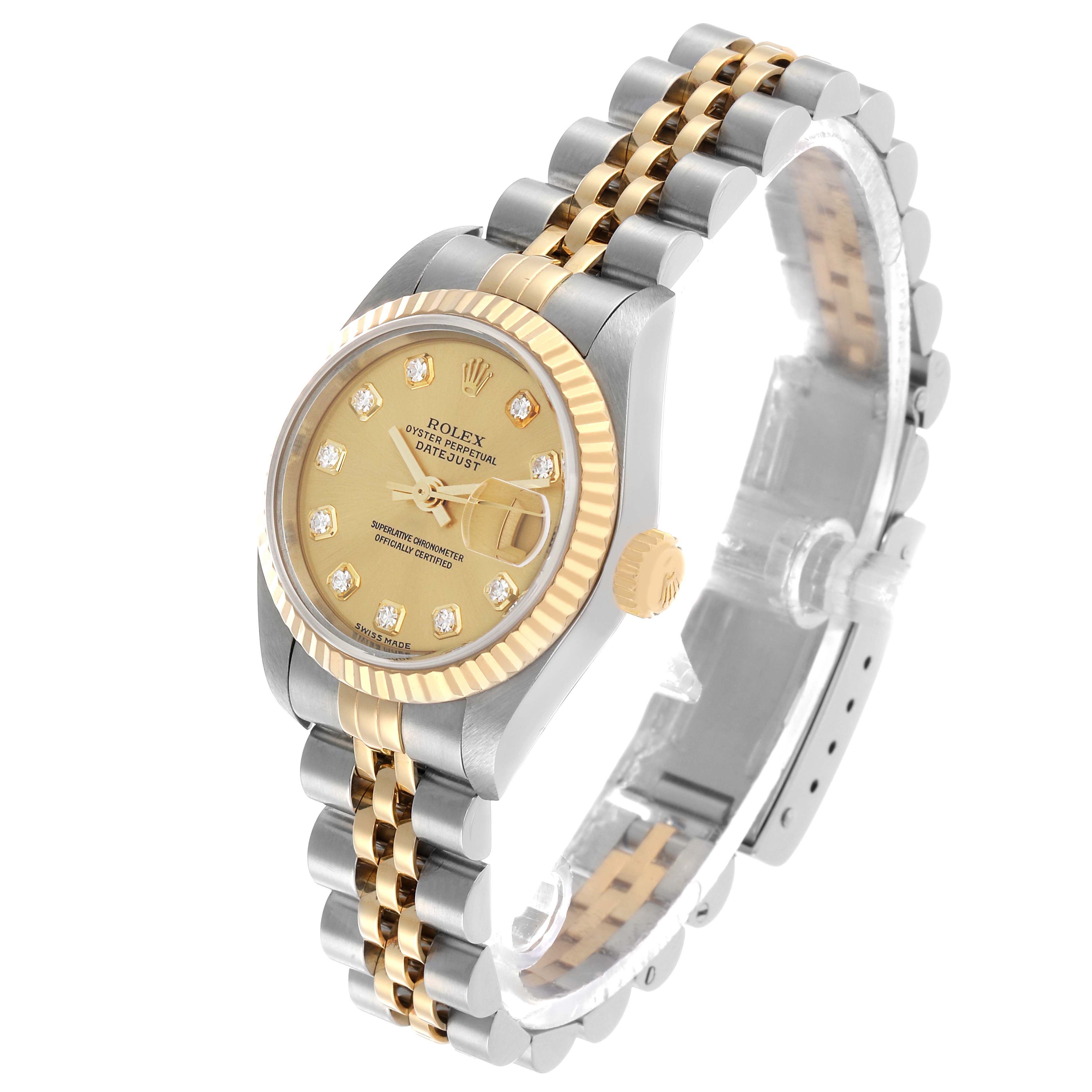 The Rolex Datejust 79173 Women's Steel and Gold (two tone) Champagne Dial watch is displayed at a three-quarter angle showing the face, bezel, crown, and Jubilee bracelet.