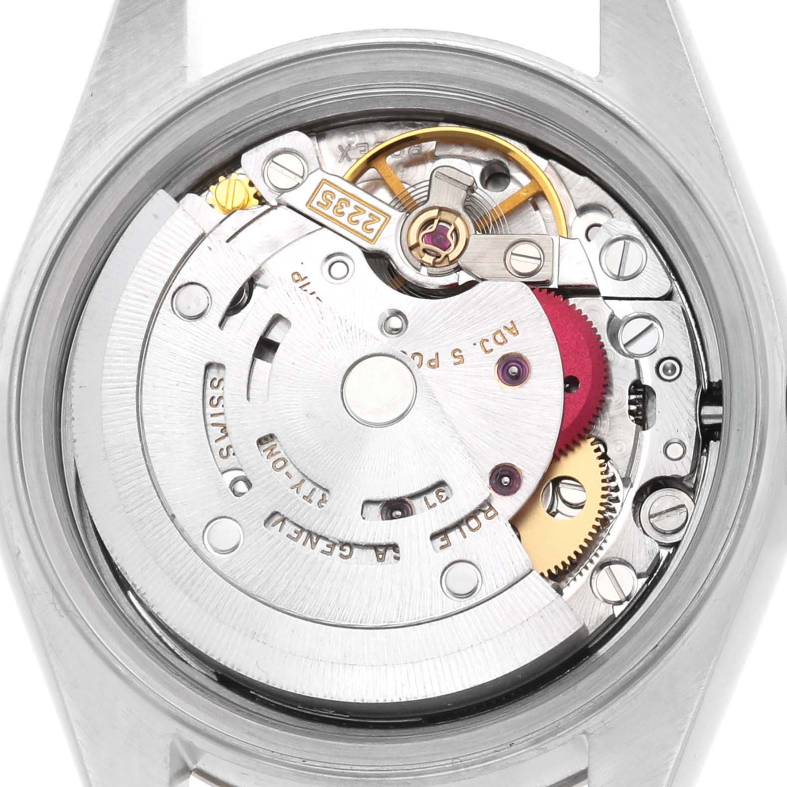 The image shows the internal movement mechanism of a Rolex Datejust 79173 Women's Steel and Gold (two tone) Champagne Dial watch from a top-down angle.
