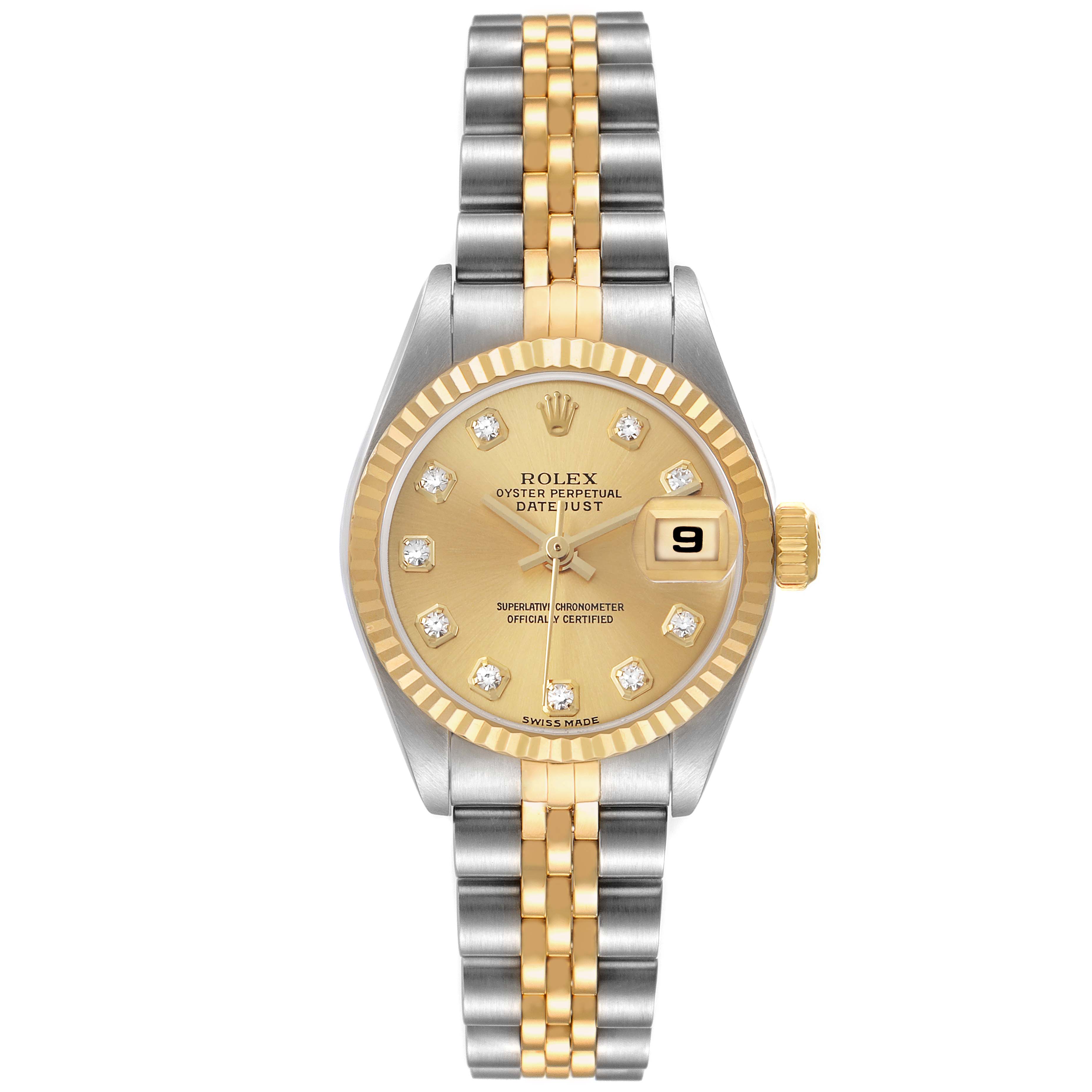 The Rolex Datejust 79173 Women's Steel and Gold (two tone) Champagne Dial watch is shown from a top view, highlighting its bezel, dial, crown, and two-tone bracelet.